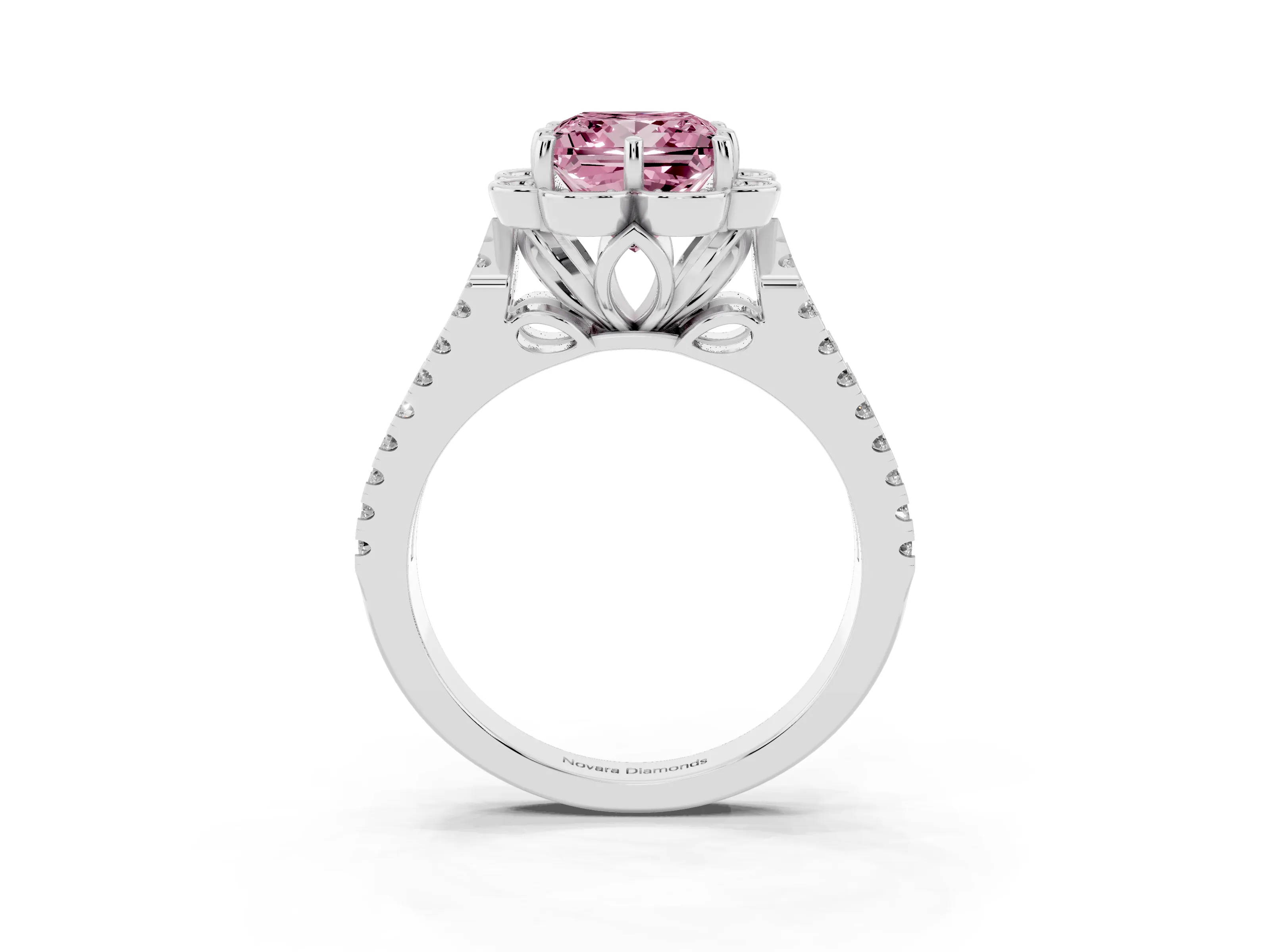 Fancy Pink Princess Cut Diamond Floral Halo Split Shank Engagement Ring Set in White gold with Pavé Shank