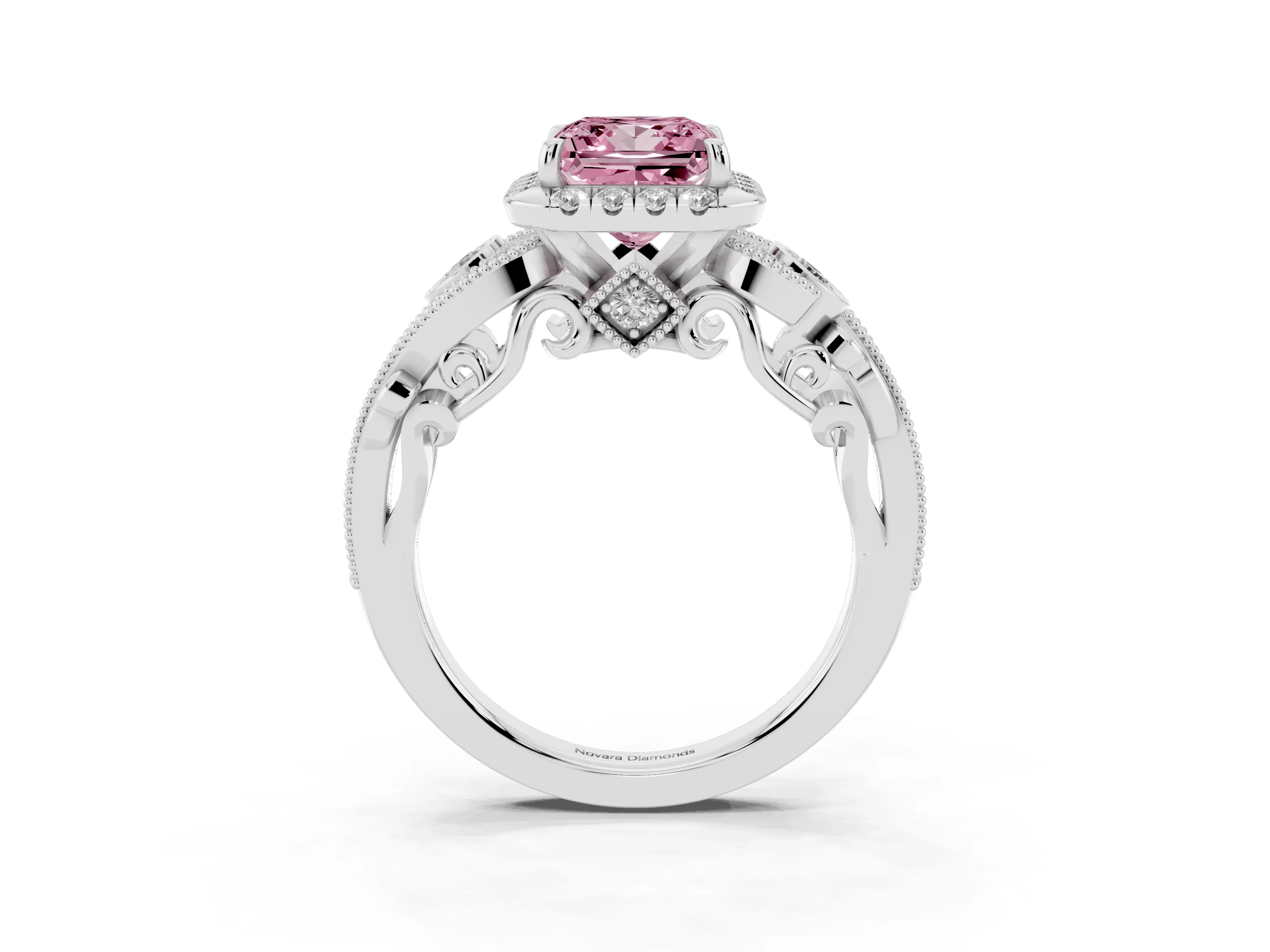 Fancy Pink Princess Cut Diamond Halo Ring Set in Platinum with Milgrain Pavé Band and Prong Setting