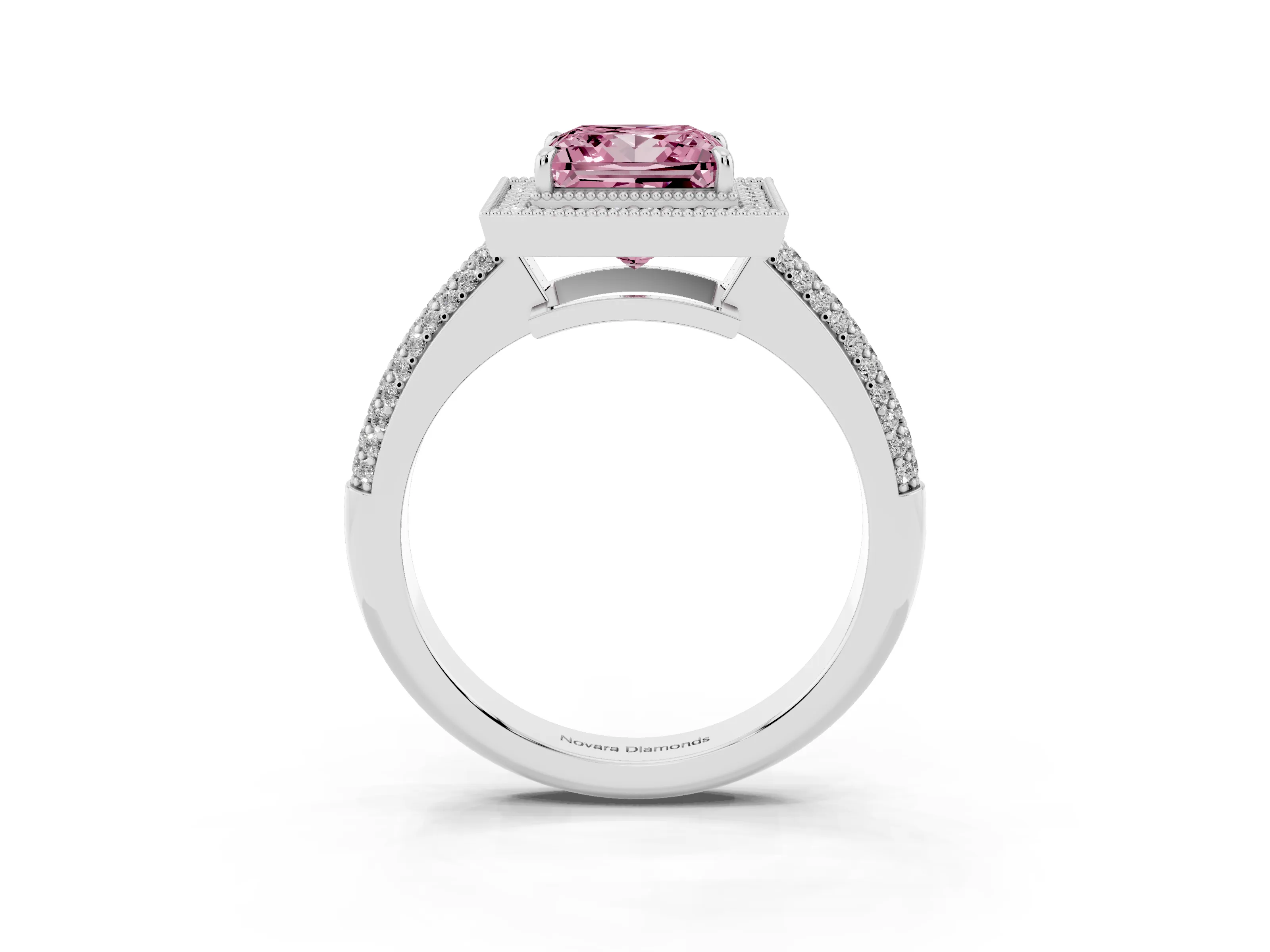Fancy Pink Princess Cut Diamond Halo Pavé Band Set in White gold with Prong Setting