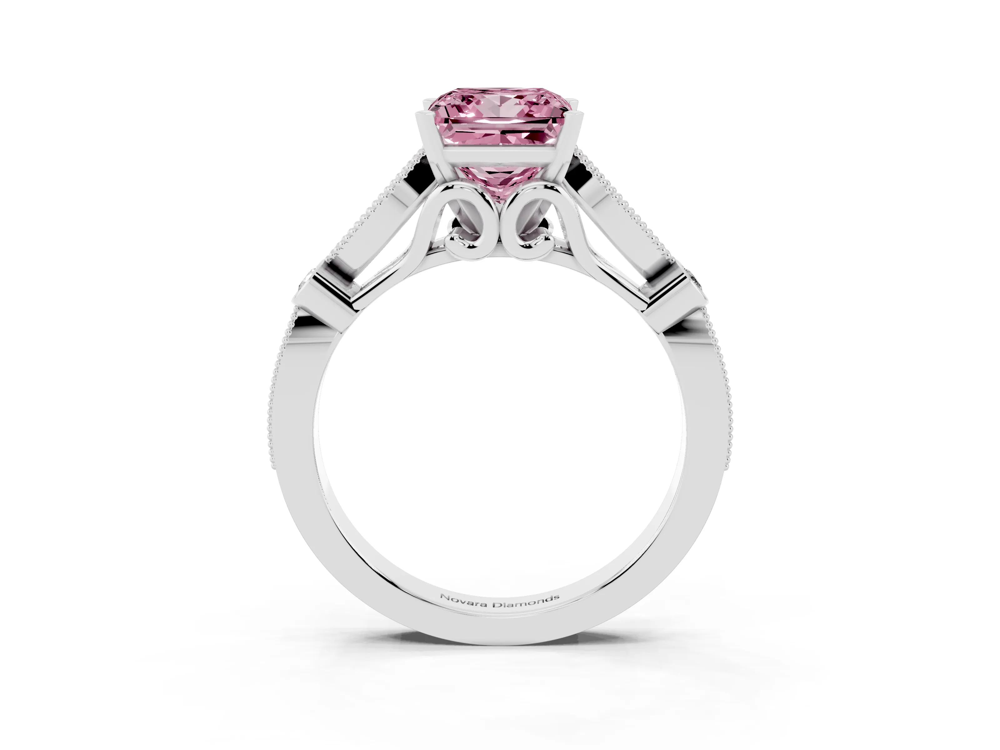 Fancy Pink Princess Cut Diamond Solitaire Ring Set in Platinum with Milgrain Marquise and Bezel Accents