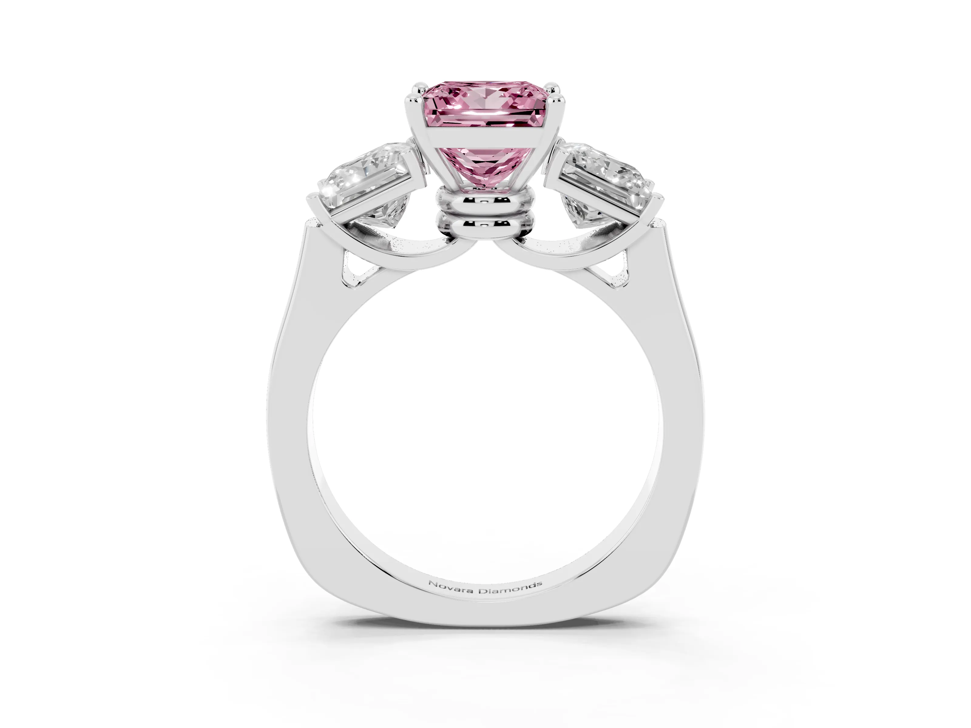 Fancy Pink Princess Cut Diamond Three-Stone Trellis Ring Set in Platinum with Comfort Fit Band