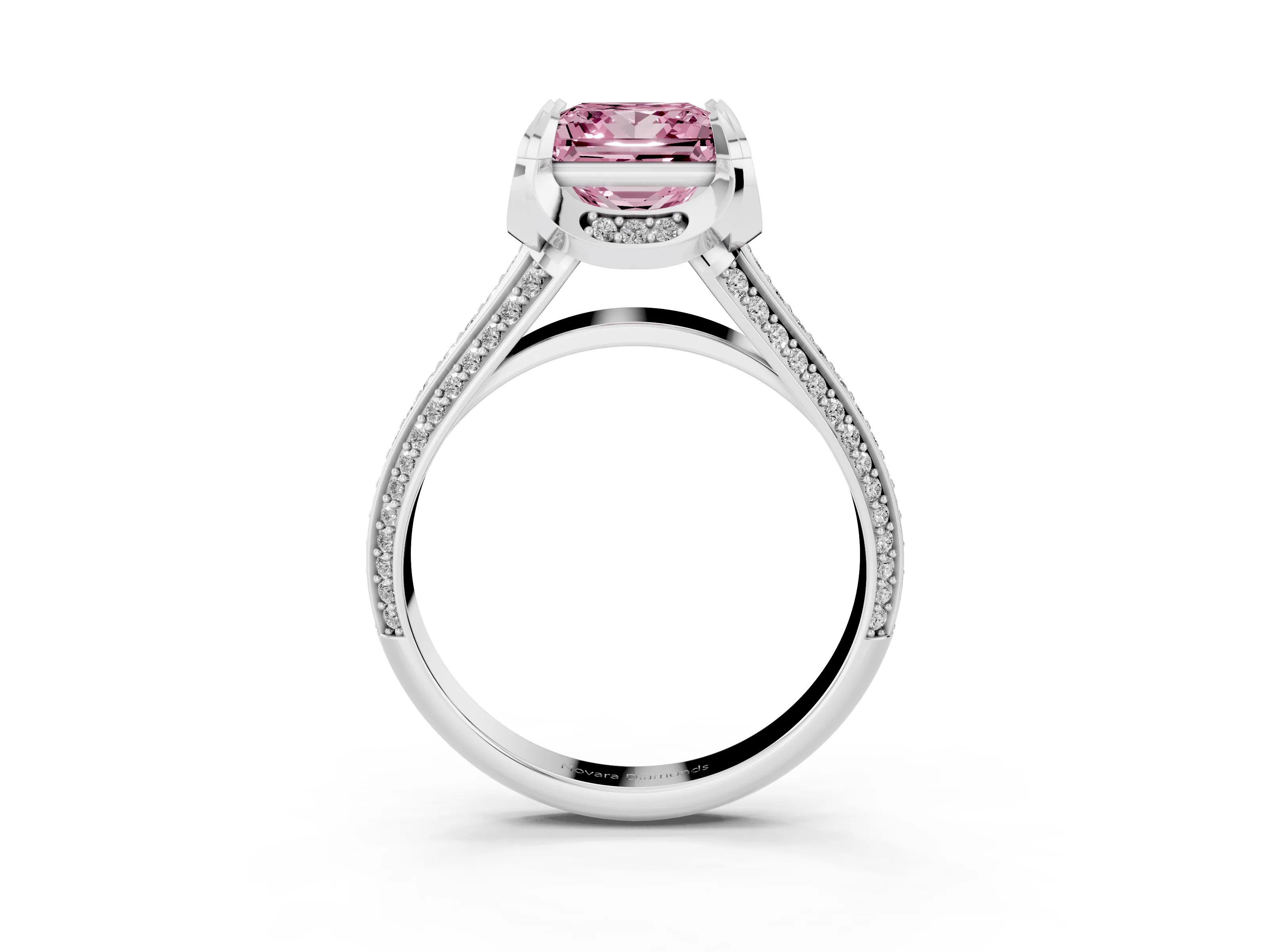 Fancy Pink Princess Cut Diamond Pavé Split Shank Solitaire Ring Set in Silver with Prong Setting