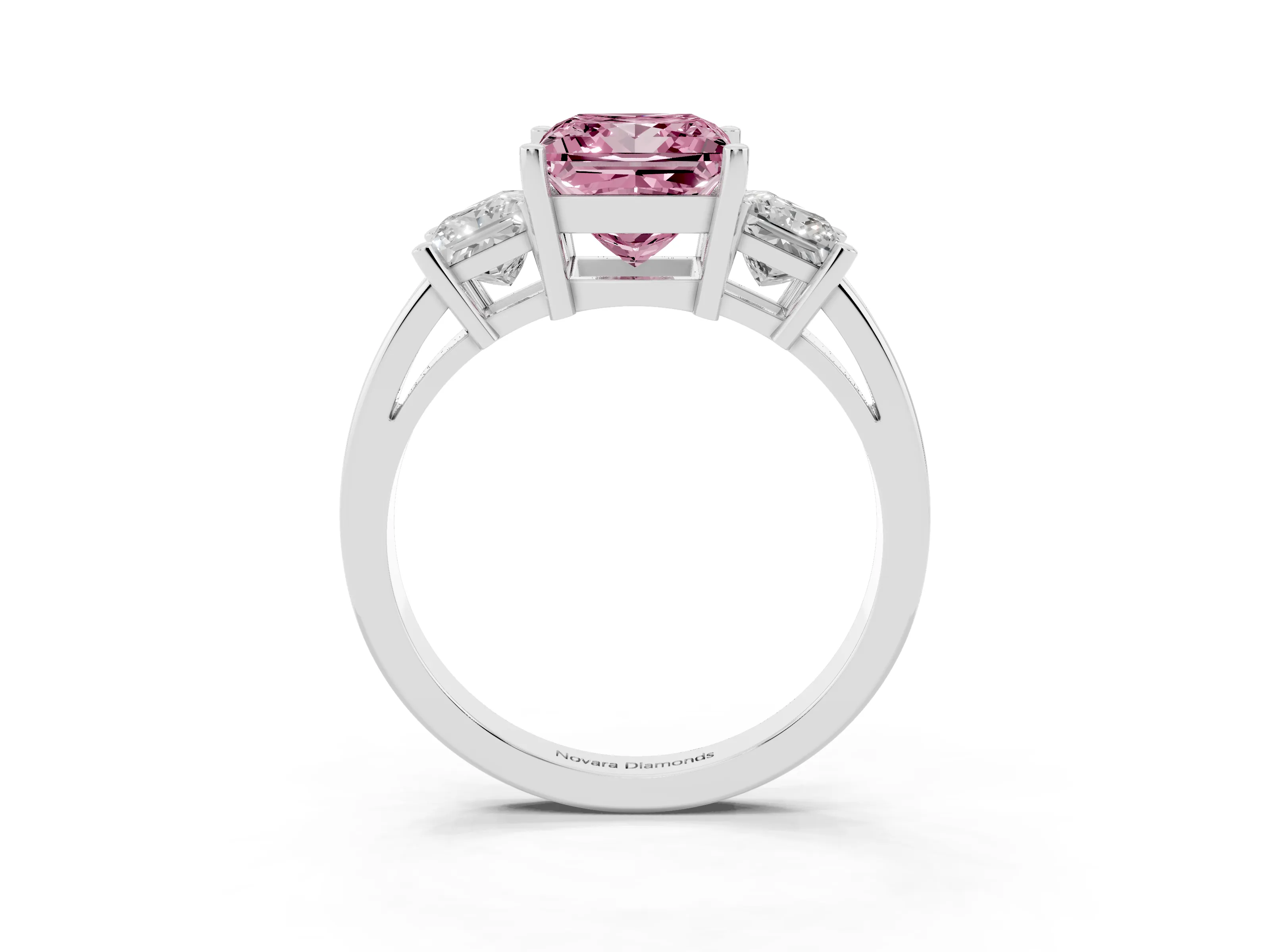 Fancy Pink Three-Stone Princess Cut Diamond Solitaire Ring Set in Platinum with Prong Setting