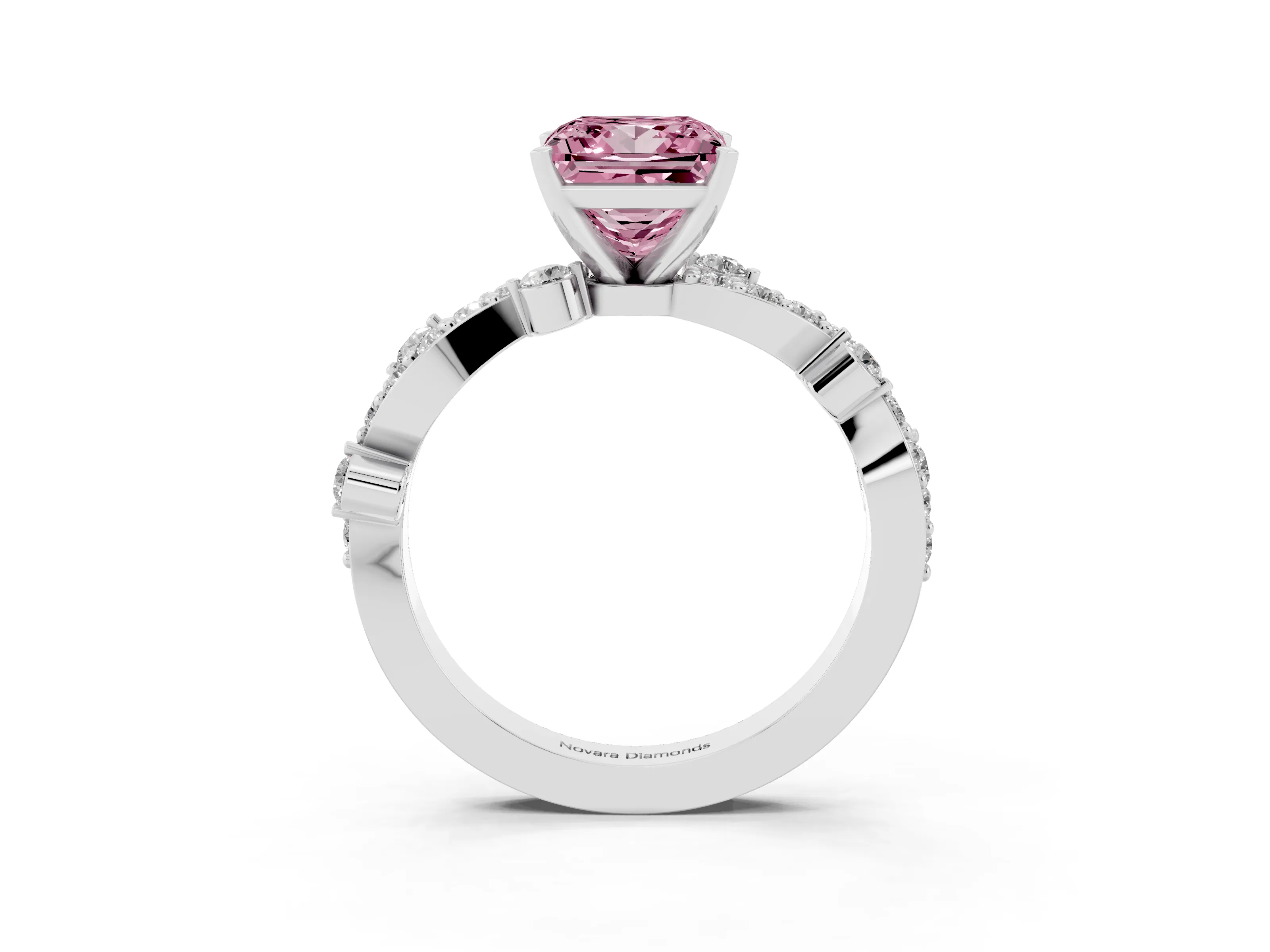 Fancy Pink Princess Cut Diamond Solitaire Twisted Band Set in White gold with Pavé Setting