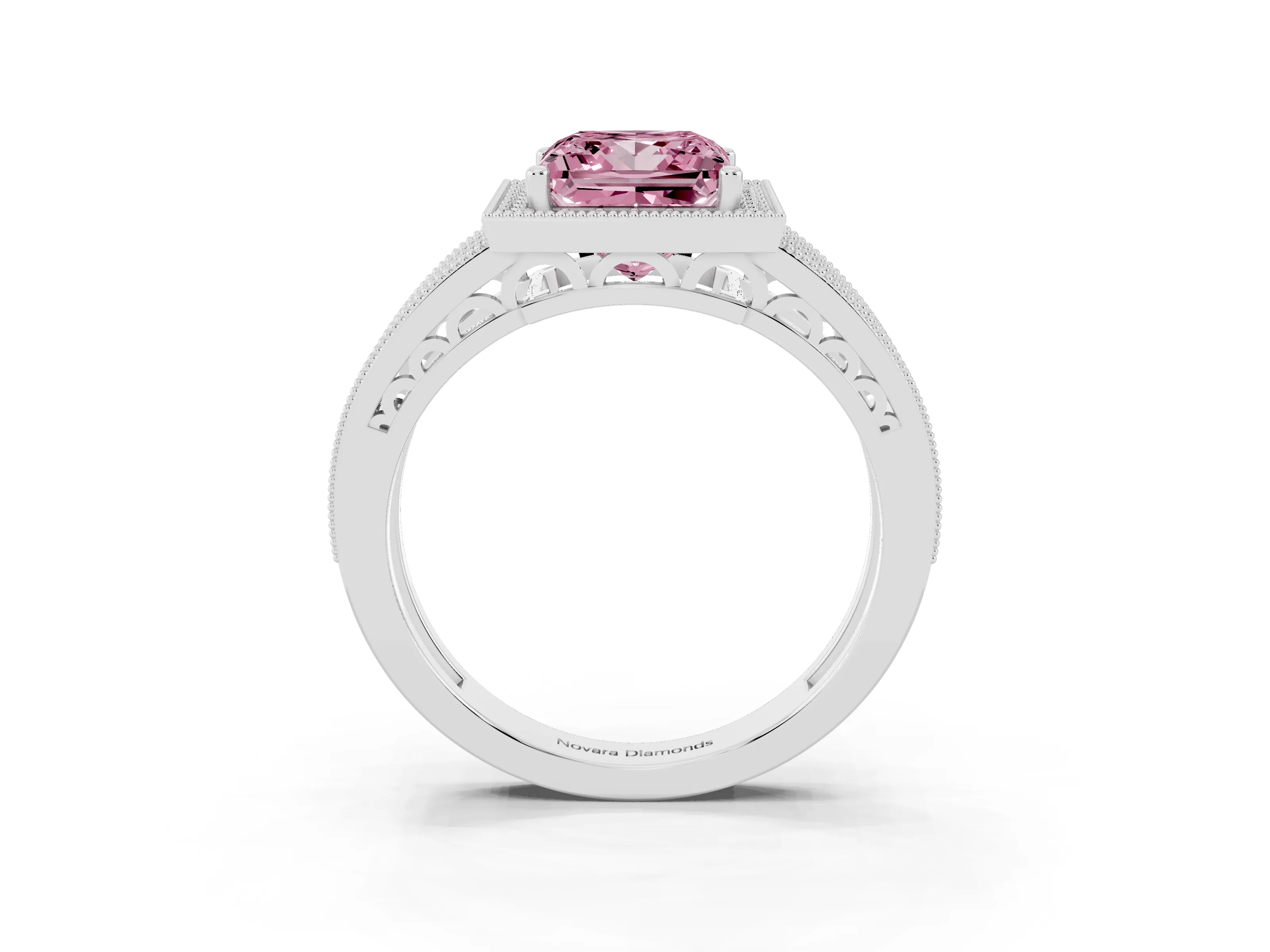 Fancy Pink Princess Cut Diamond Halo Ring Set in Platinum with Accent Split Shank and Prong Setting