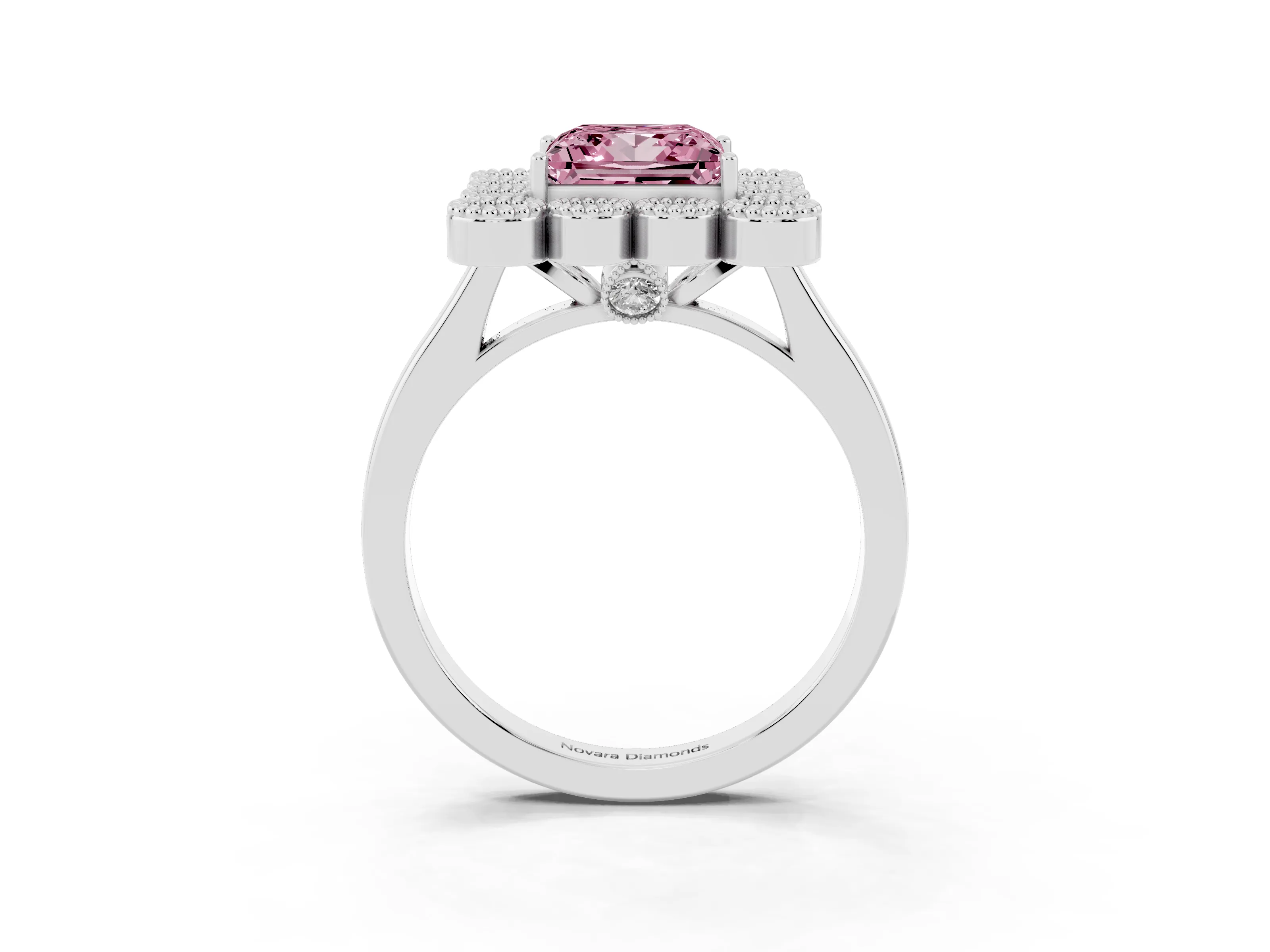 Fancy Pink Princess Cut Diamond Cluster Halo Ring Set in White gold with Milgrain Bezel Accents and Plain Band
