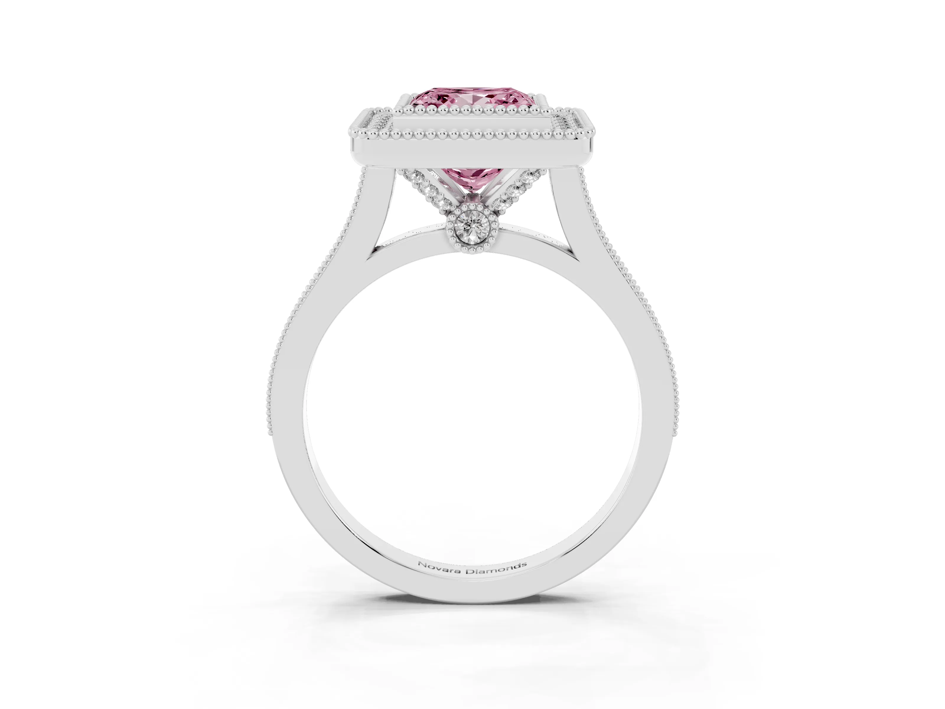 Fancy Pink Princess Cut Diamond Halo Ring Set in White gold with Milgrain Frame and Pavé Band