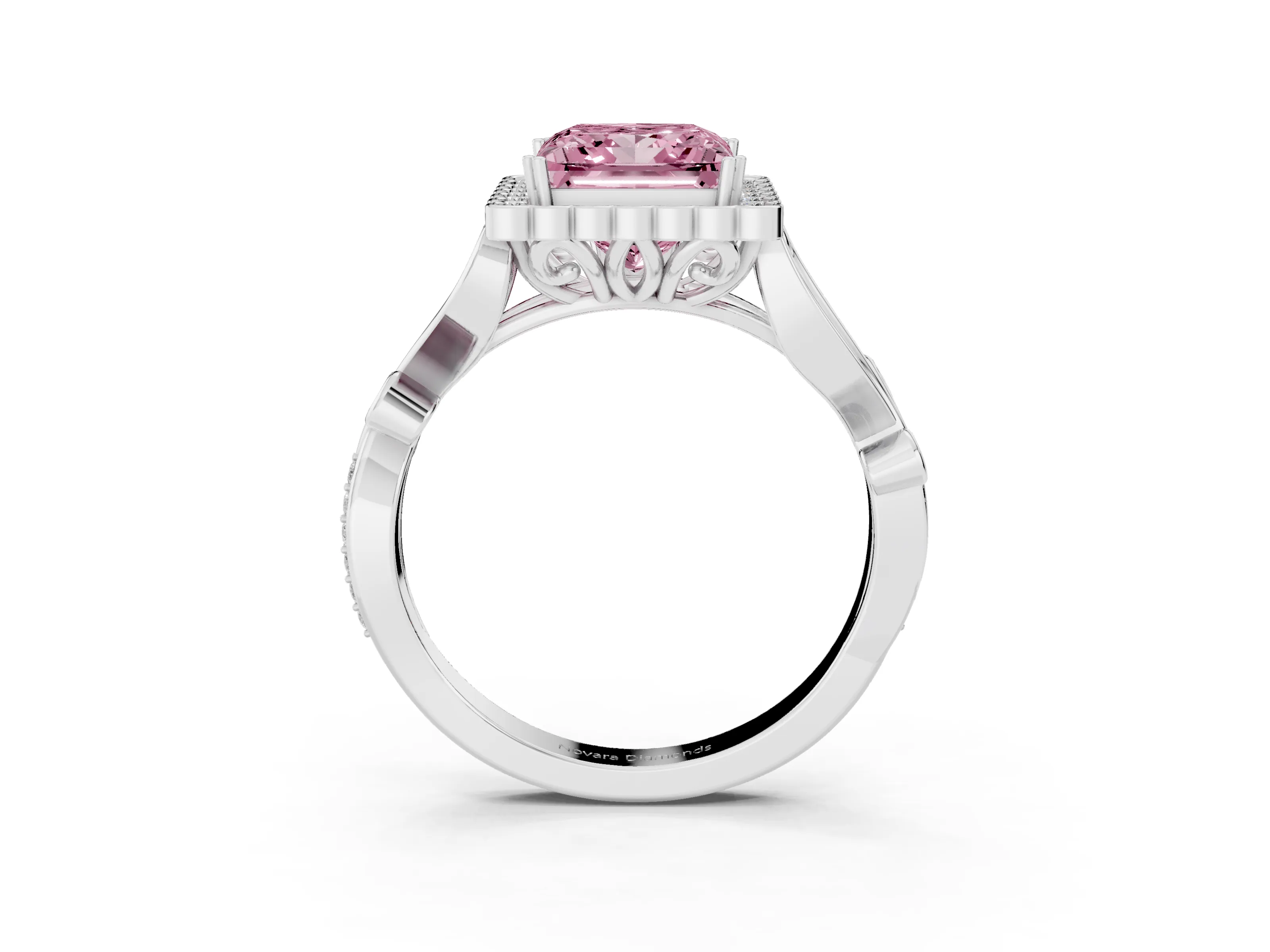 Fancy Pink Princess Cut Diamond Halo Ring Set in White gold with Leaf Motif Split Shank and Prong Setting