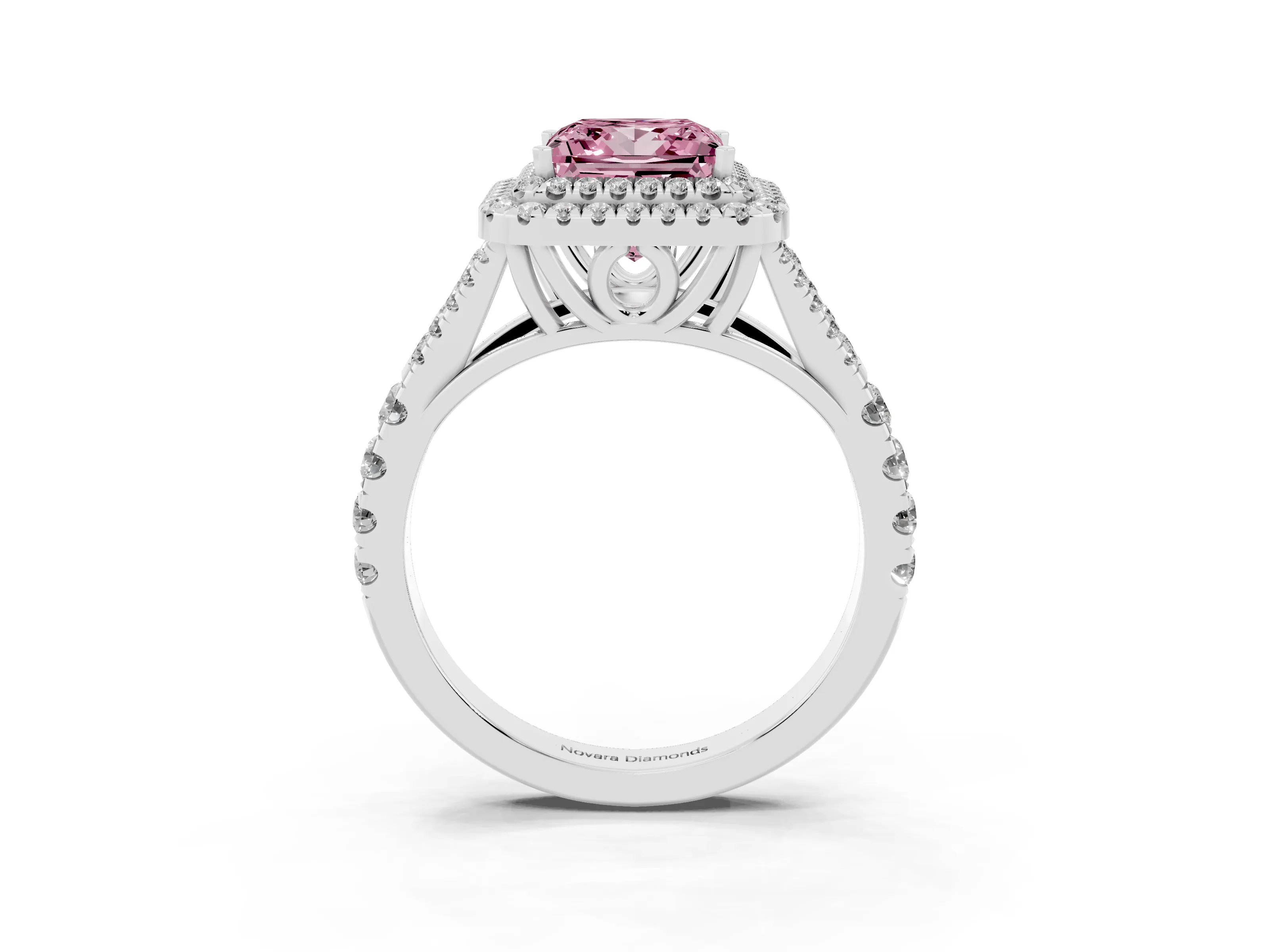 Fancy Pink Princess Cut Diamond Pavé Split Shank Double Halo Engagement Ring Set in Platinum