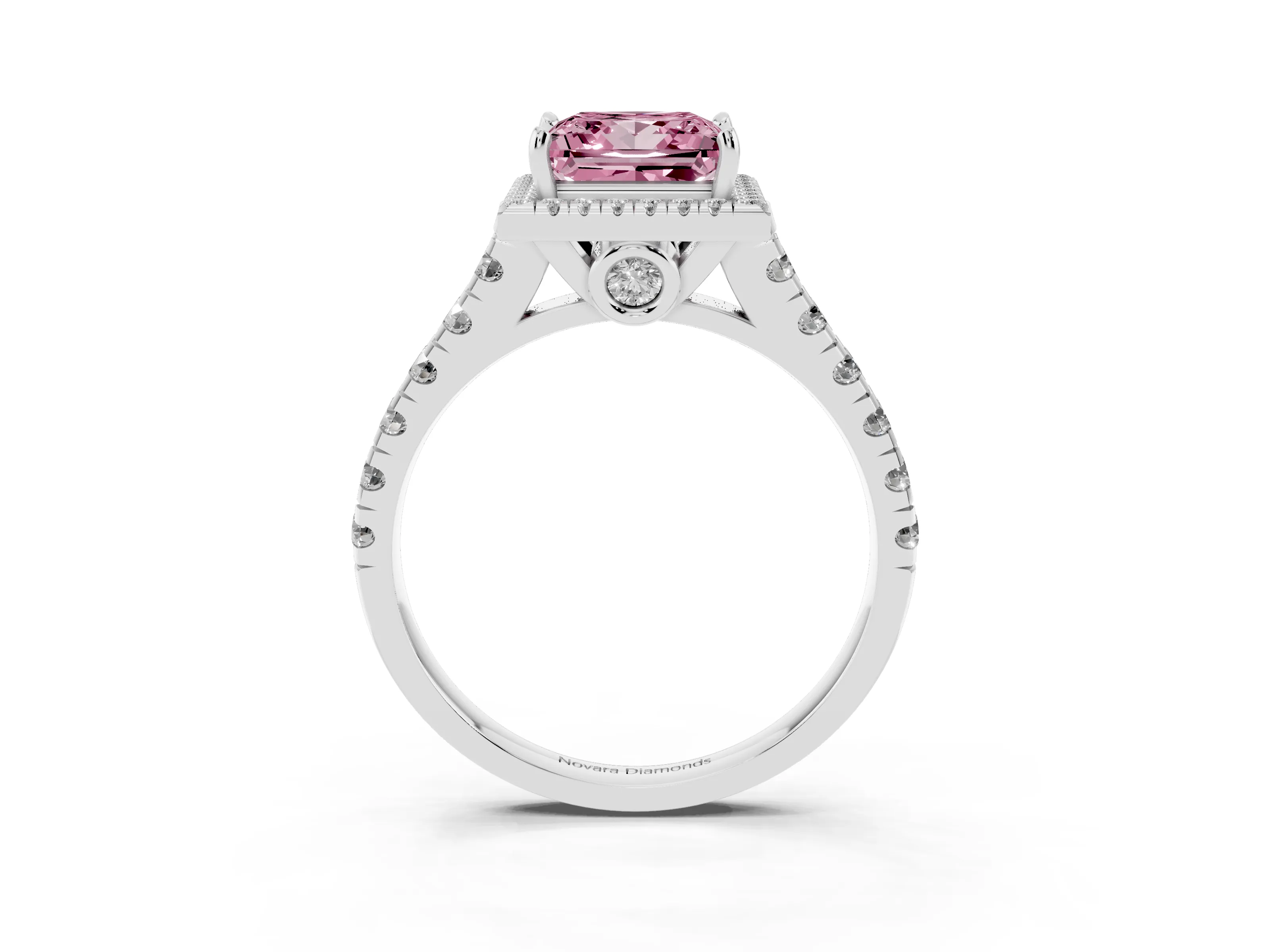 Fancy Pink Princess Cut Diamond Halo Engagement Ring Set in Platinum with Pavé Band and Prong-Set Center
