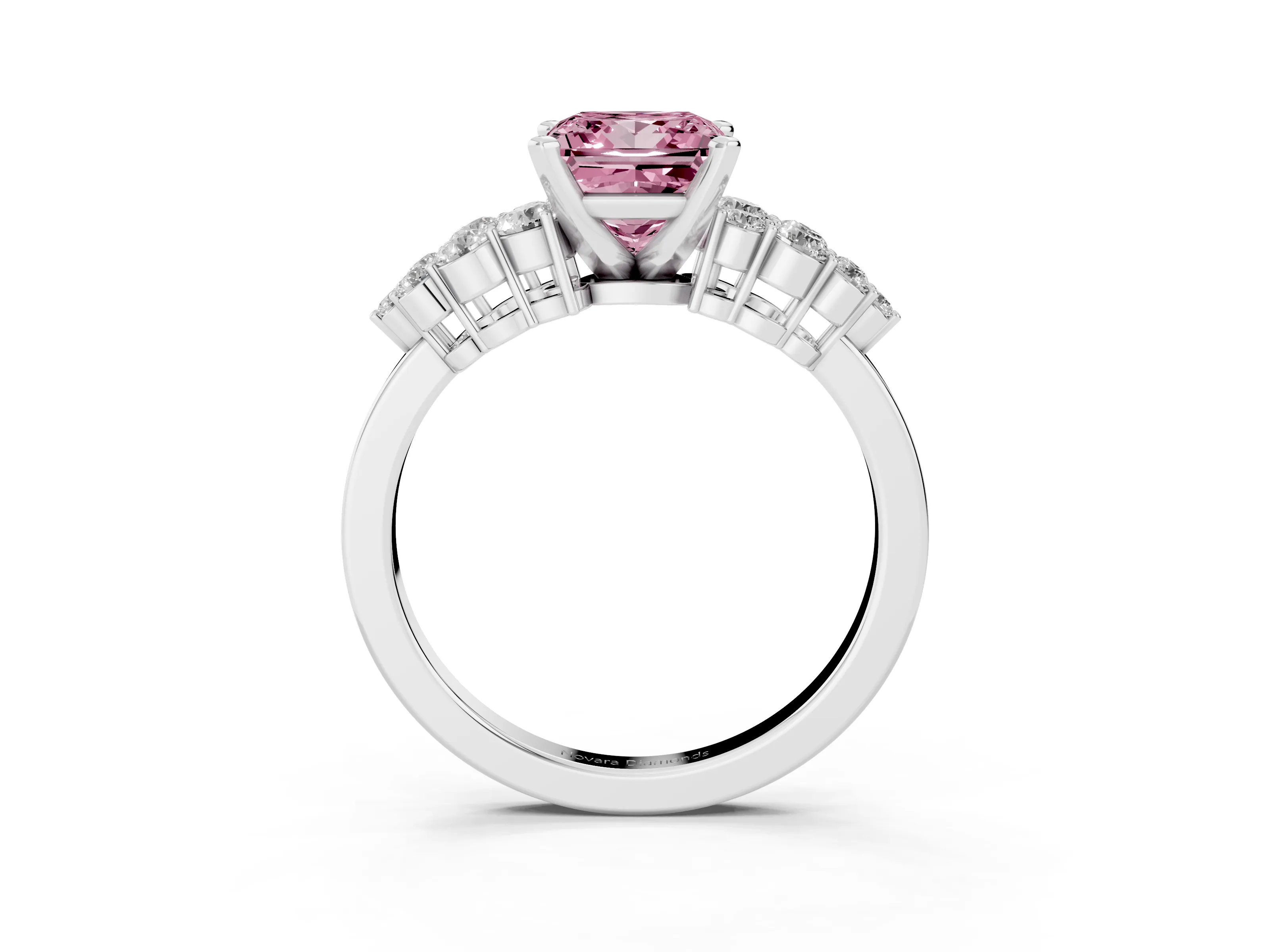Fancy Pink Princess Cut Diamond Cluster Engagement Ring Set in Platinum with Pavé Band and Prong Setting