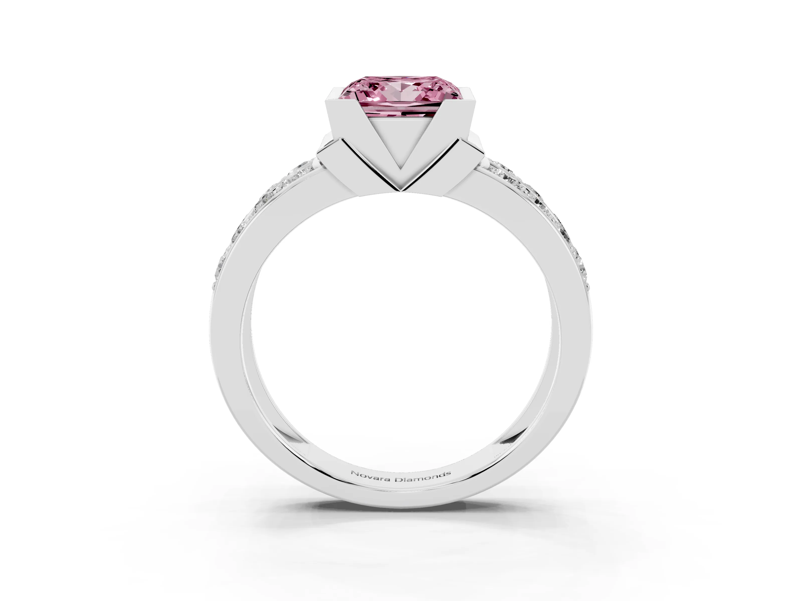 Fancy Pink Princess Cut Diamond Wide Channel Set Band Ring Set in Platinum with Bezel Setting