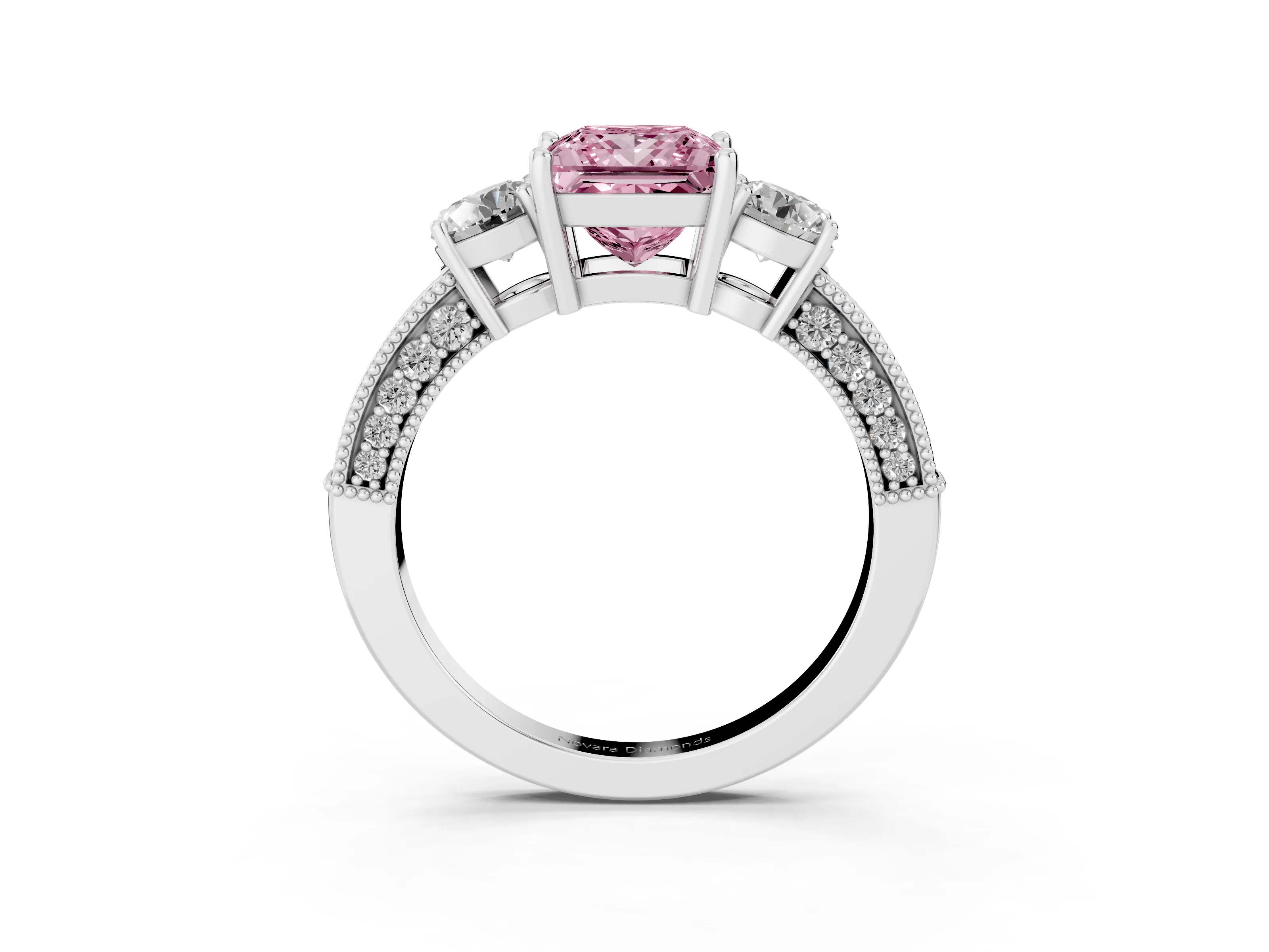 Fancy Pink Princess Cut Diamond Three-Stone Ring Set in Platinum with Round Side Stones and Pavé Band
