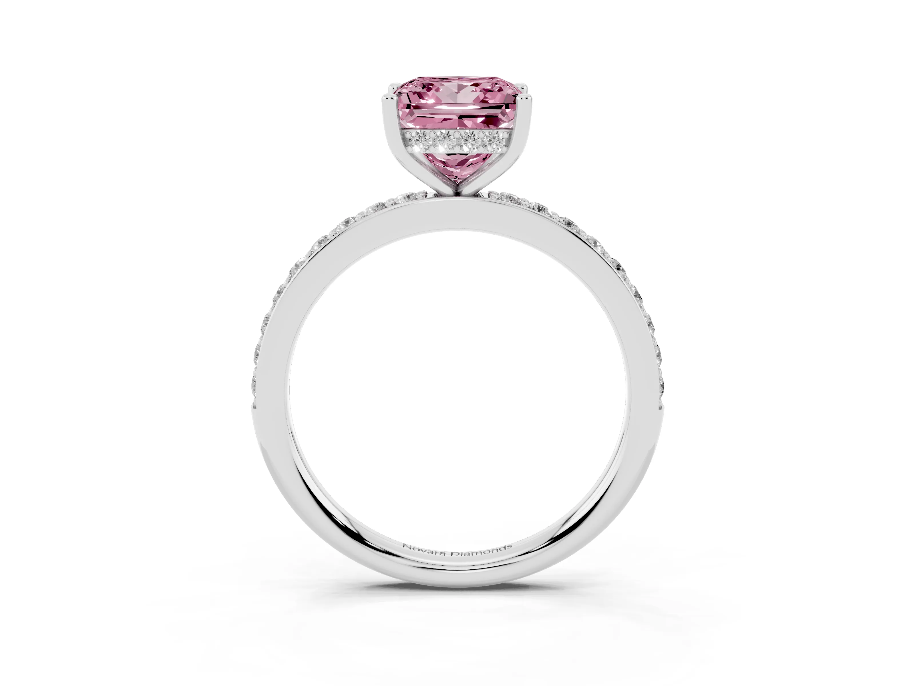 Fancy Pink Princess Cut Diamond Pavé Band Ring Set in Platinum with Prong-Set Center Stone