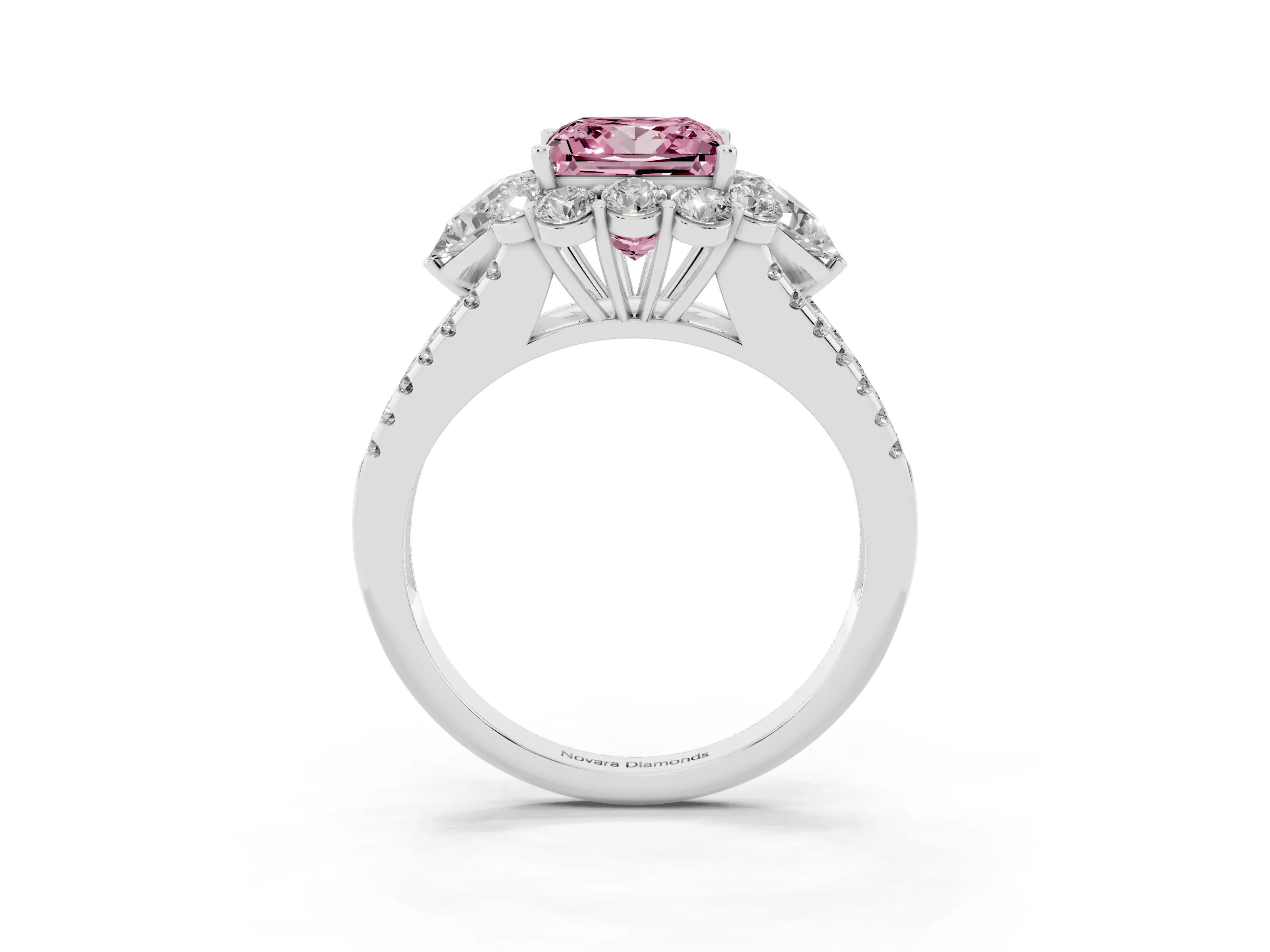 Fancy Pink Princess Cut Diamond Halo Split Shank Engagement Ring Set in Platinum with Prong-Held Center Stone