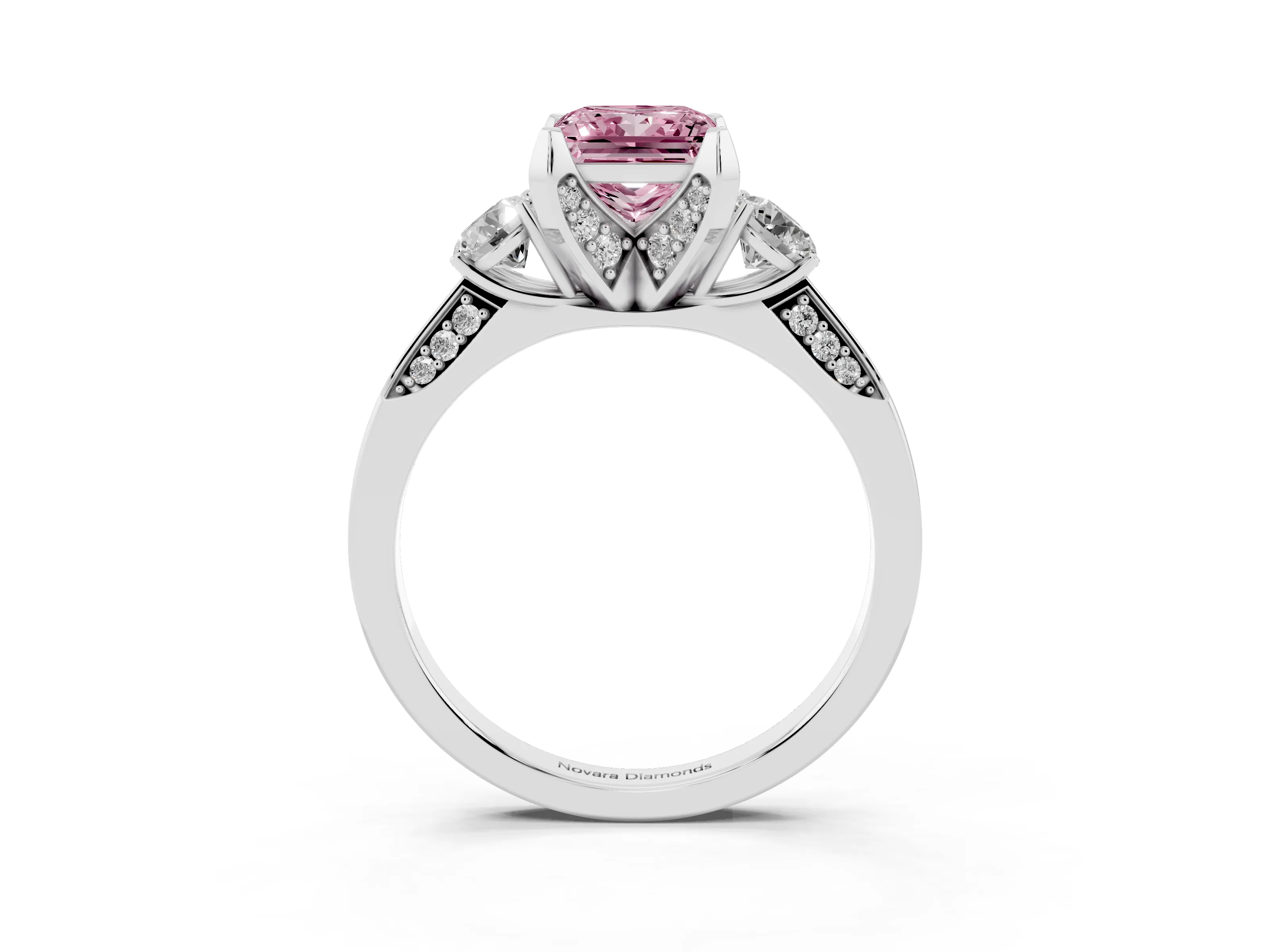 Fancy Pink Princess Cut Diamond Three-Stone Ring Set in White gold with Pavé Band and Smaller Side Stones