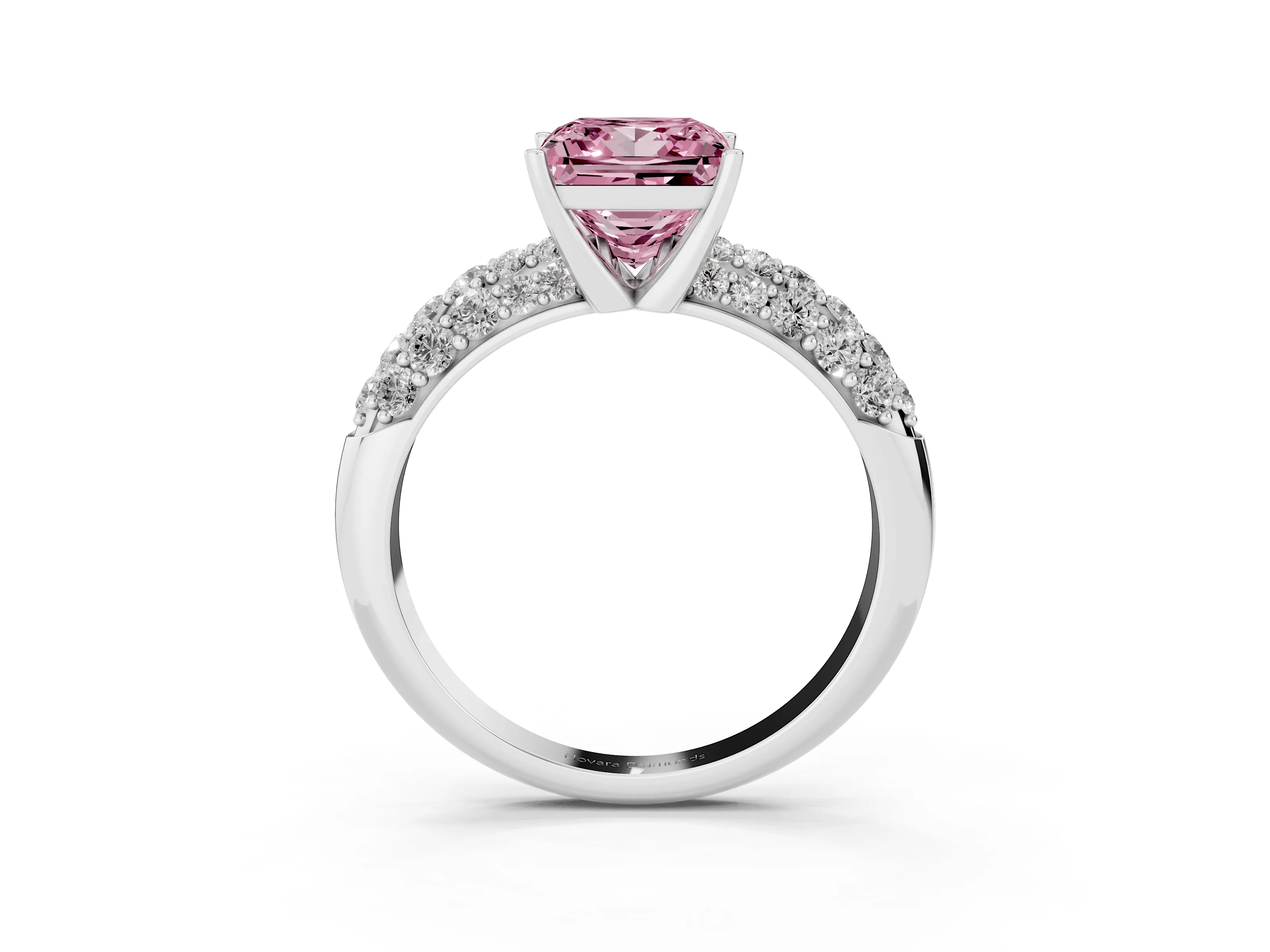Fancy Pink Princess Cut Diamond Pavé Band Solitaire Ring Set in White gold with Close-Set Accent Stones and Prong Setting