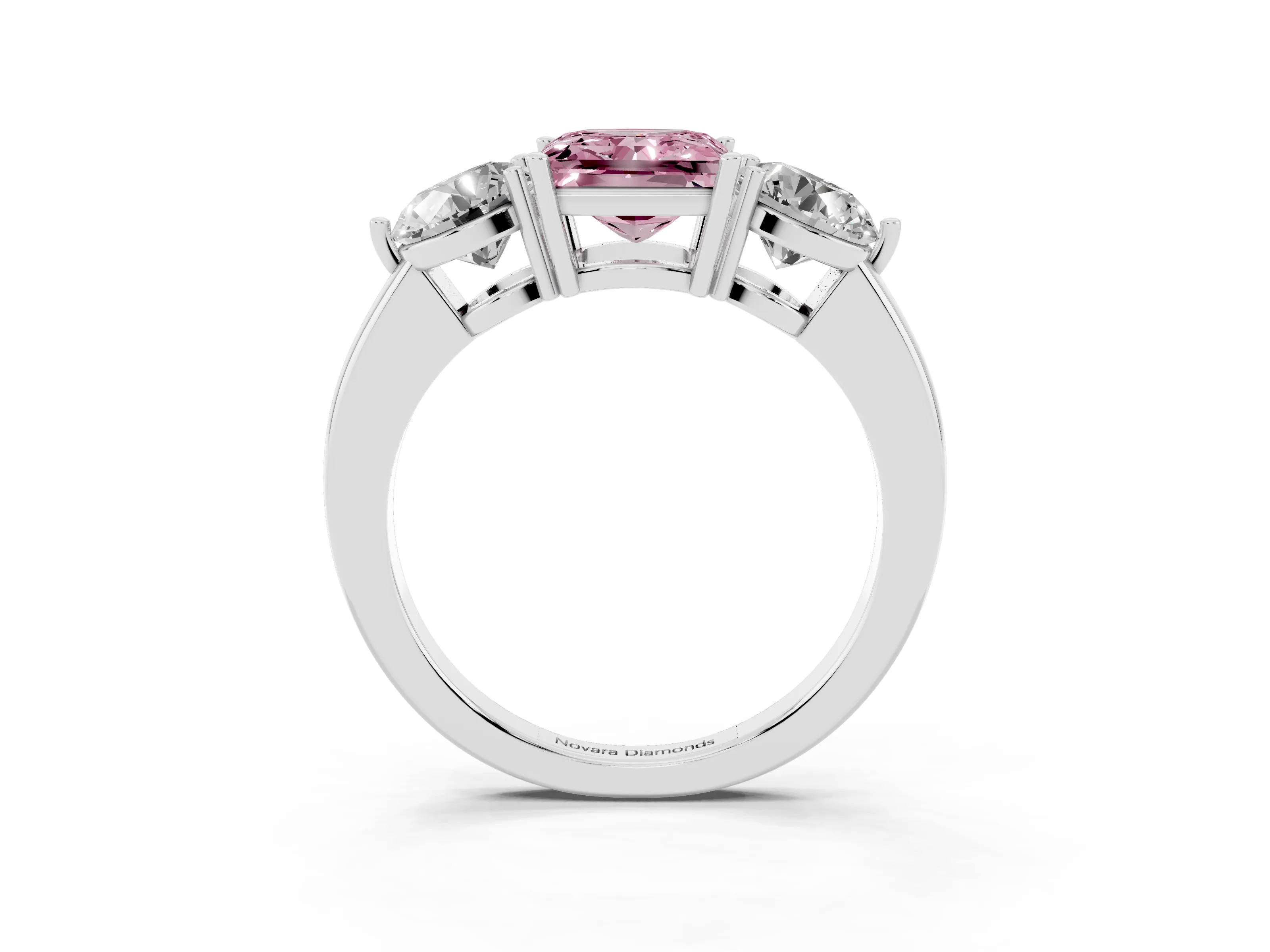 Fancy Pink Princess Cut Diamond Three-Stone Ring Set in Platinum with Prong Setting and Plain Band