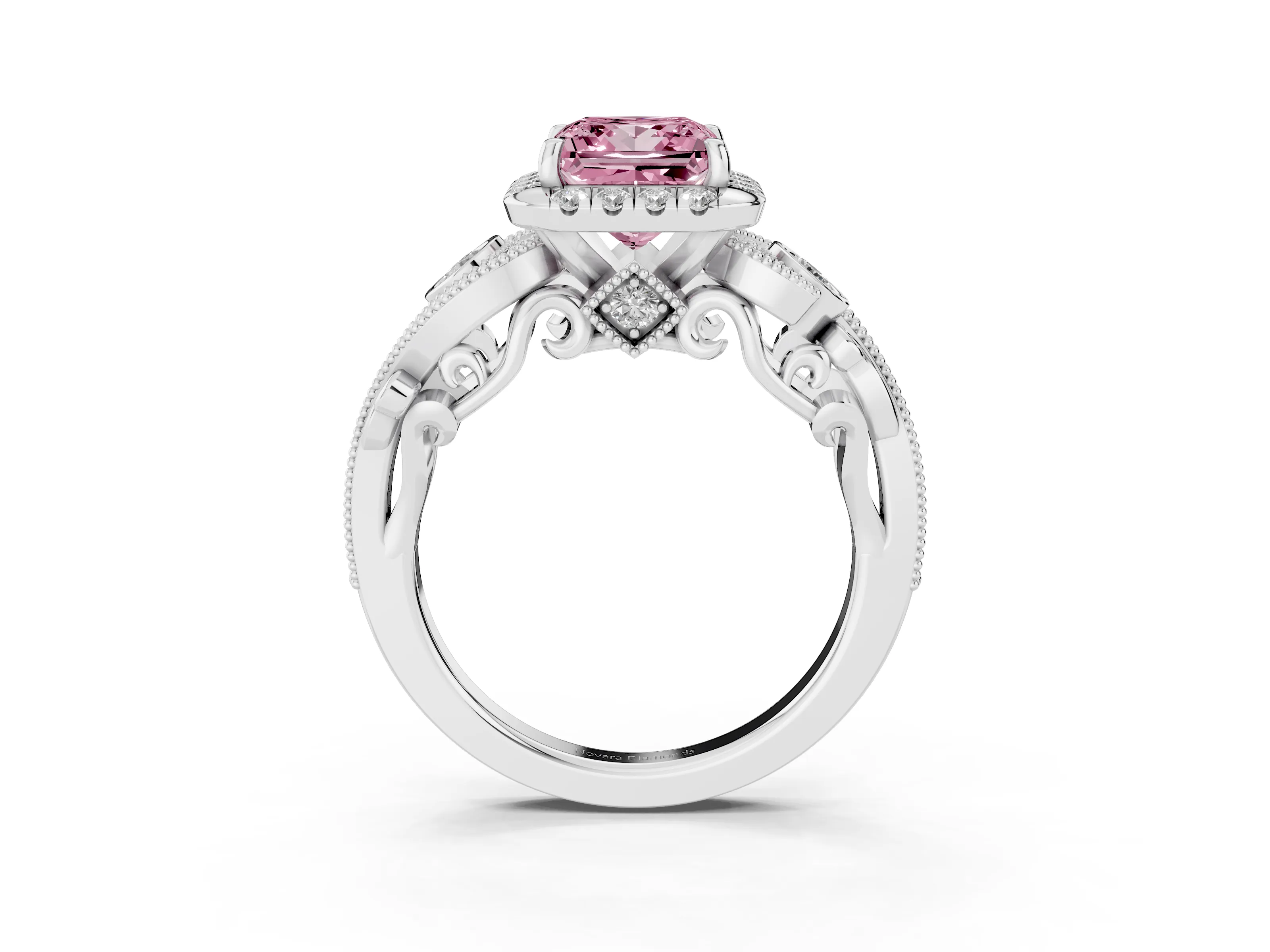 Fancy Pink Princess Cut Diamond Halo Split Shank Ring Set in Platinum with Milgrain and Bezel Accents
