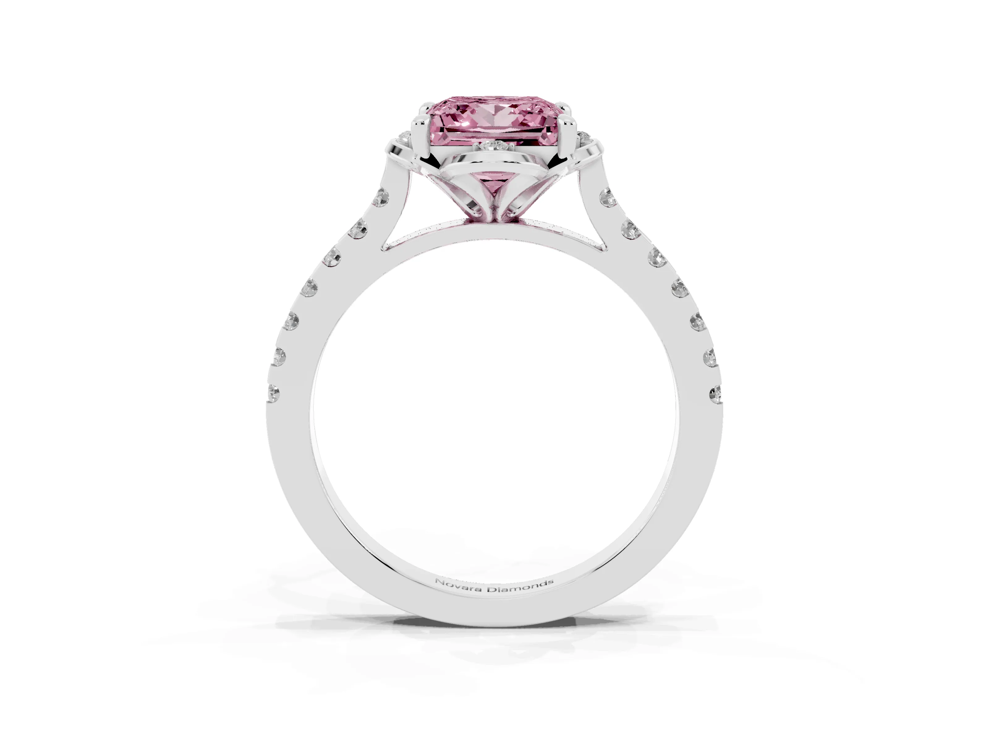 Fancy Pink Princess Cut Diamond Solitaire Ring Set in Silver with Pavé Band and Floral Prong Setting