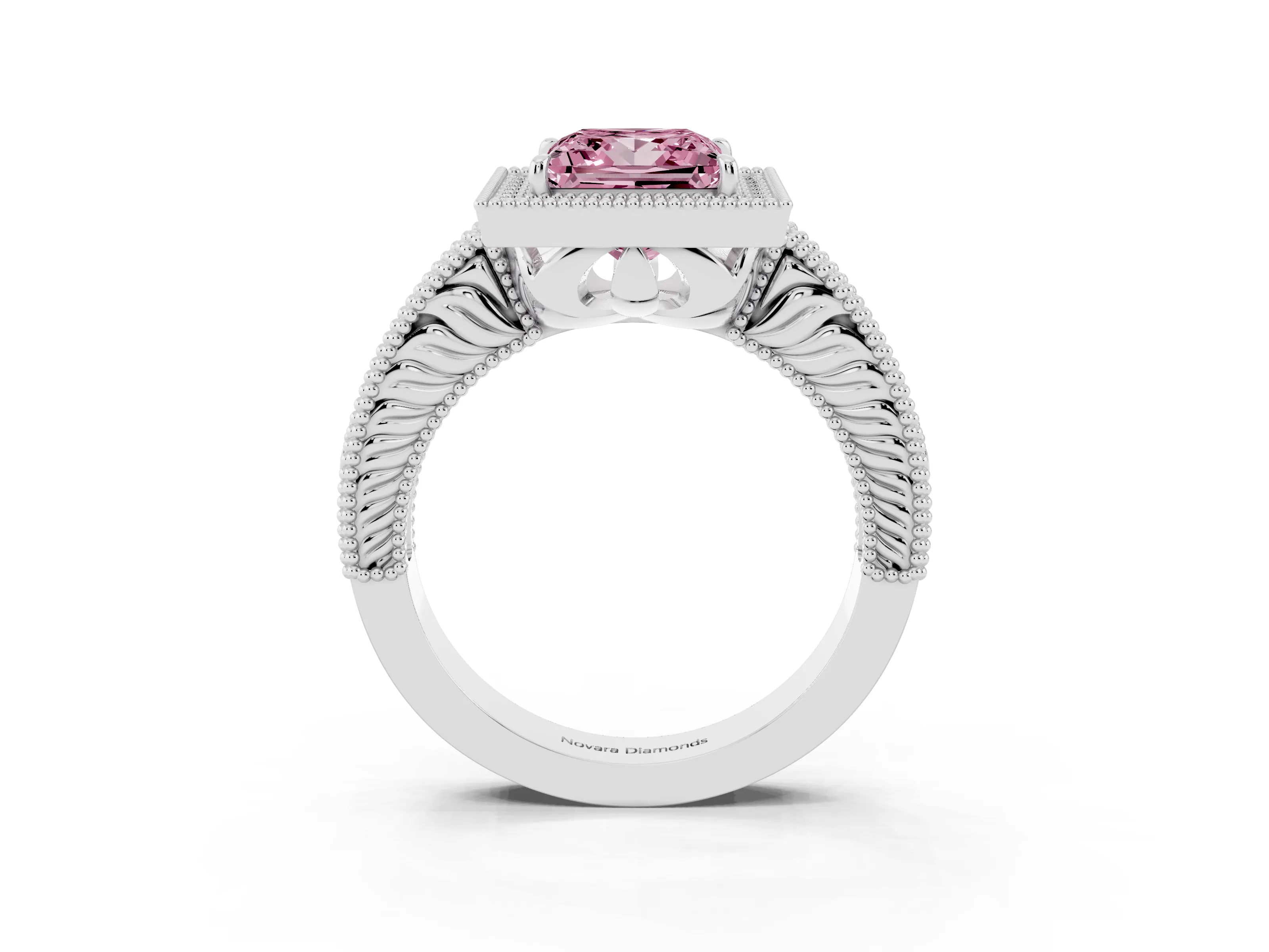 Fancy Pink Princess Cut Diamond Halo Ring Set in White gold with Round Accent Halo, Pavé Band and Prong Setting