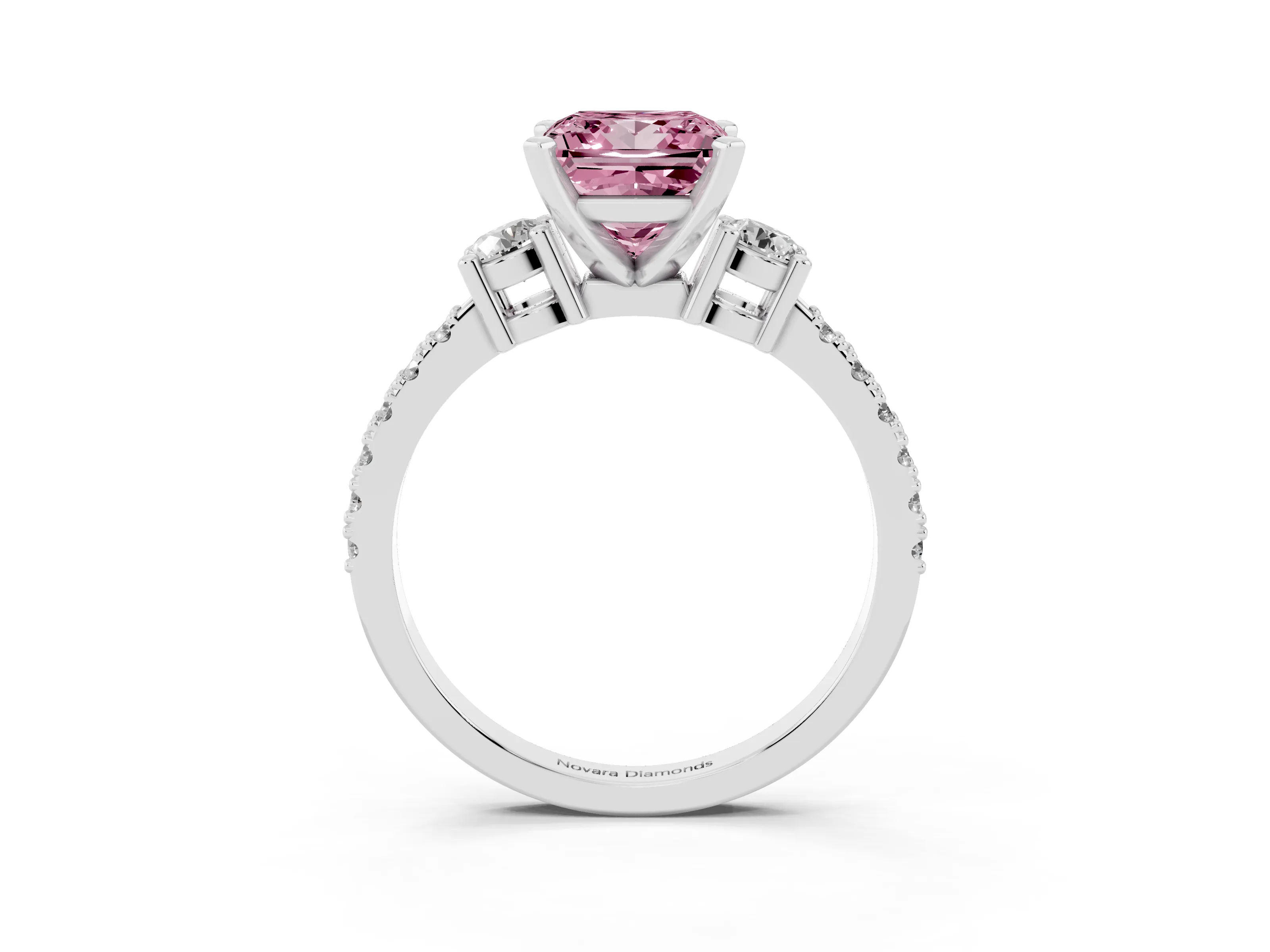 Fancy Pink Three-Stone Princess Cut Diamond Pavé Band Ring Set in Platinum with Prong Setting