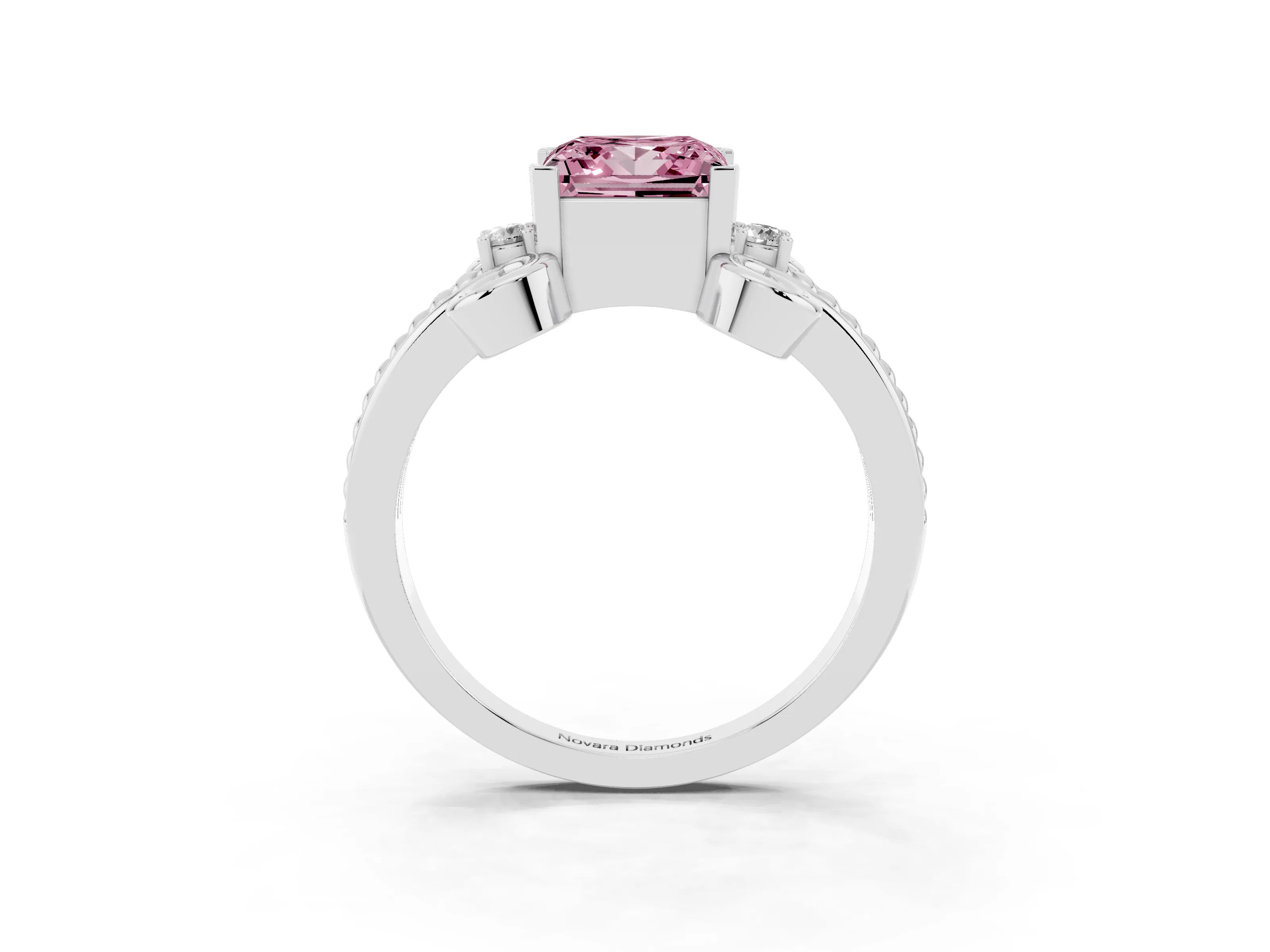 Fancy Pink Princess Cut Diamond Twisted Band Solitaire Ring Set in Platinum with Scroll Prongs
