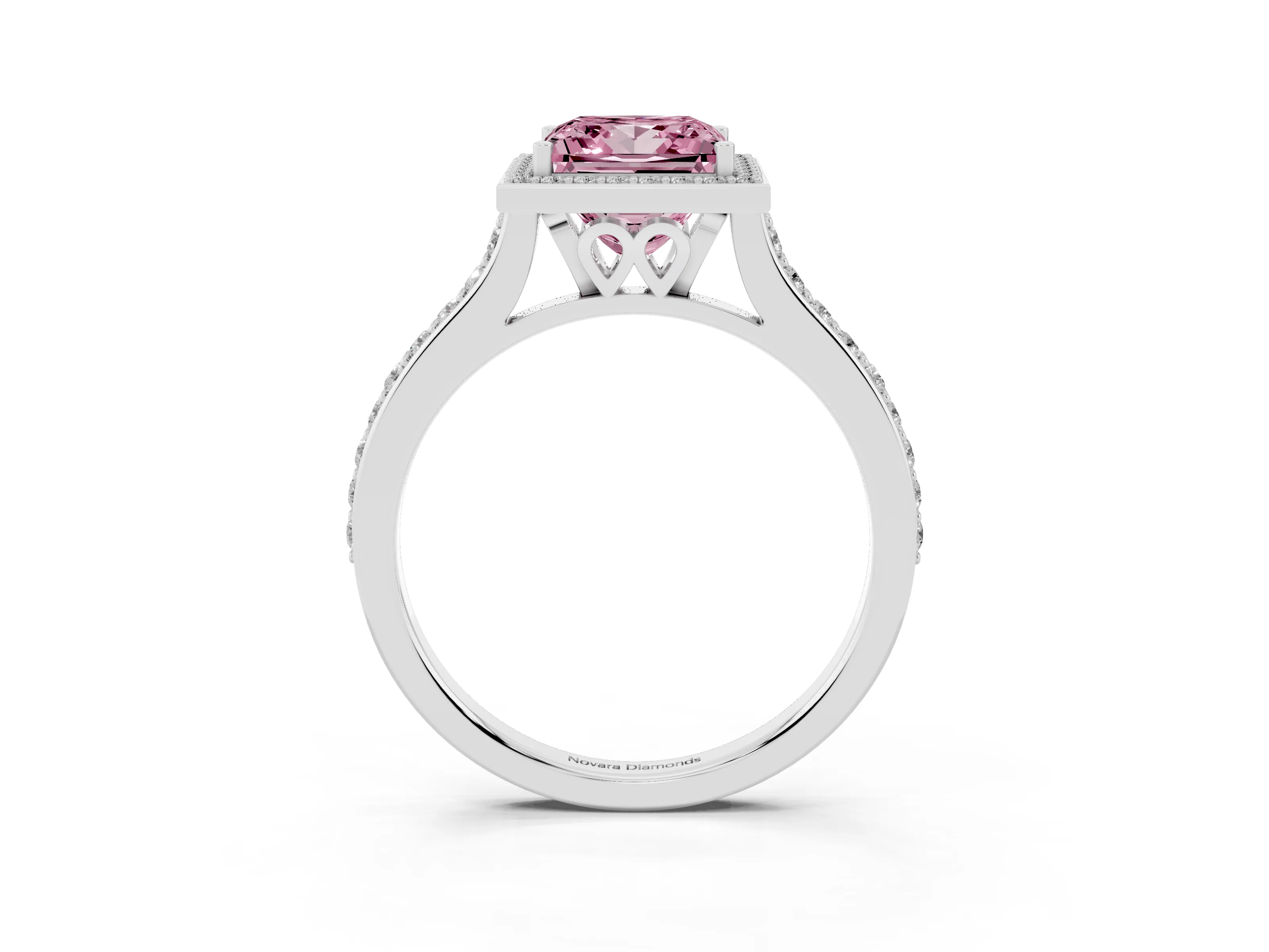 Fancy Pink Princess Cut Diamond Halo Engagement Ring Set in White gold with Round Pavé Shoulders and Heart Gallery