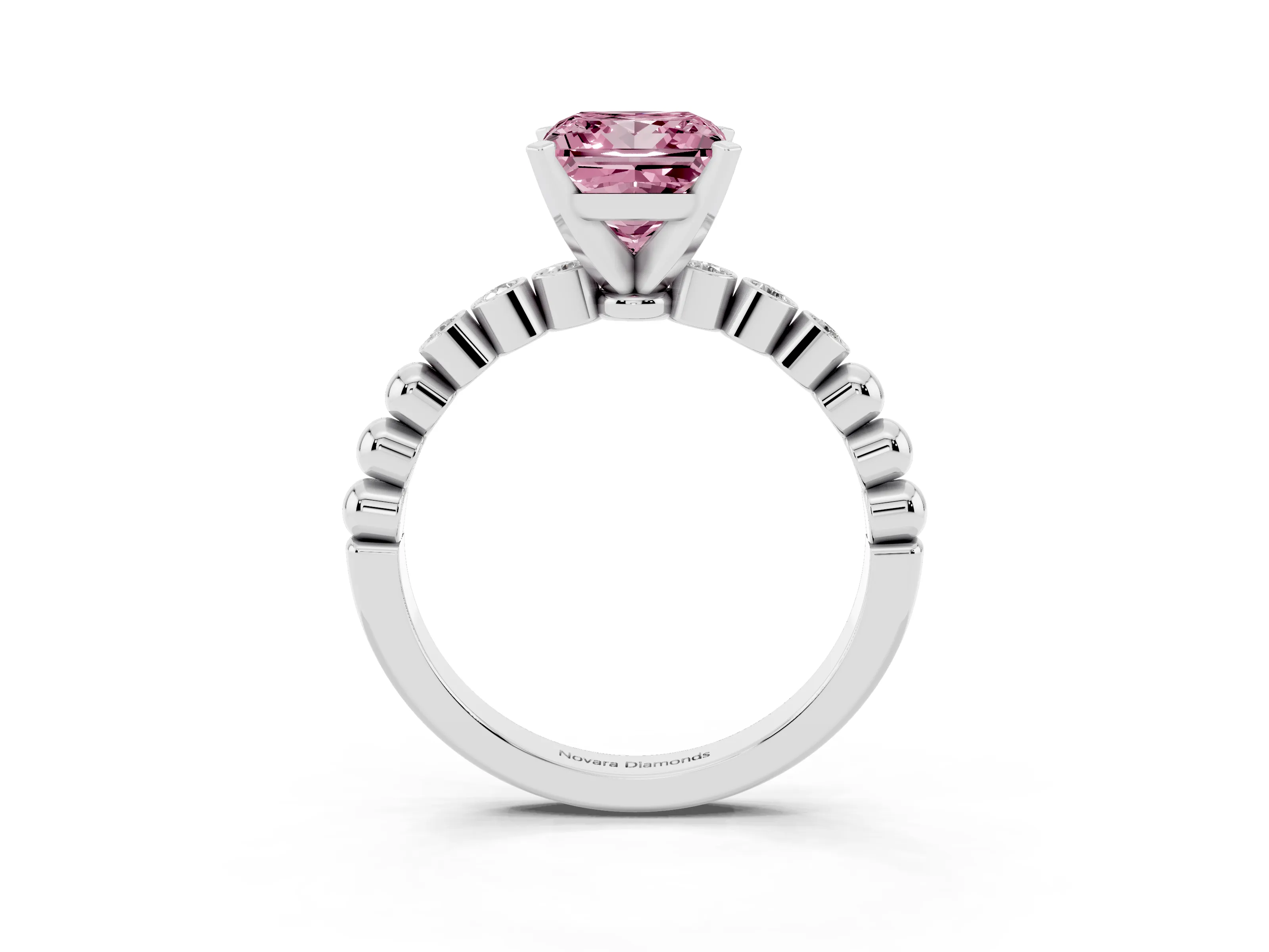 Fancy Pink Princess Cut Diamond Solitaire Engagement Ring Set in Silver with Bezel Accents on Beaded Band