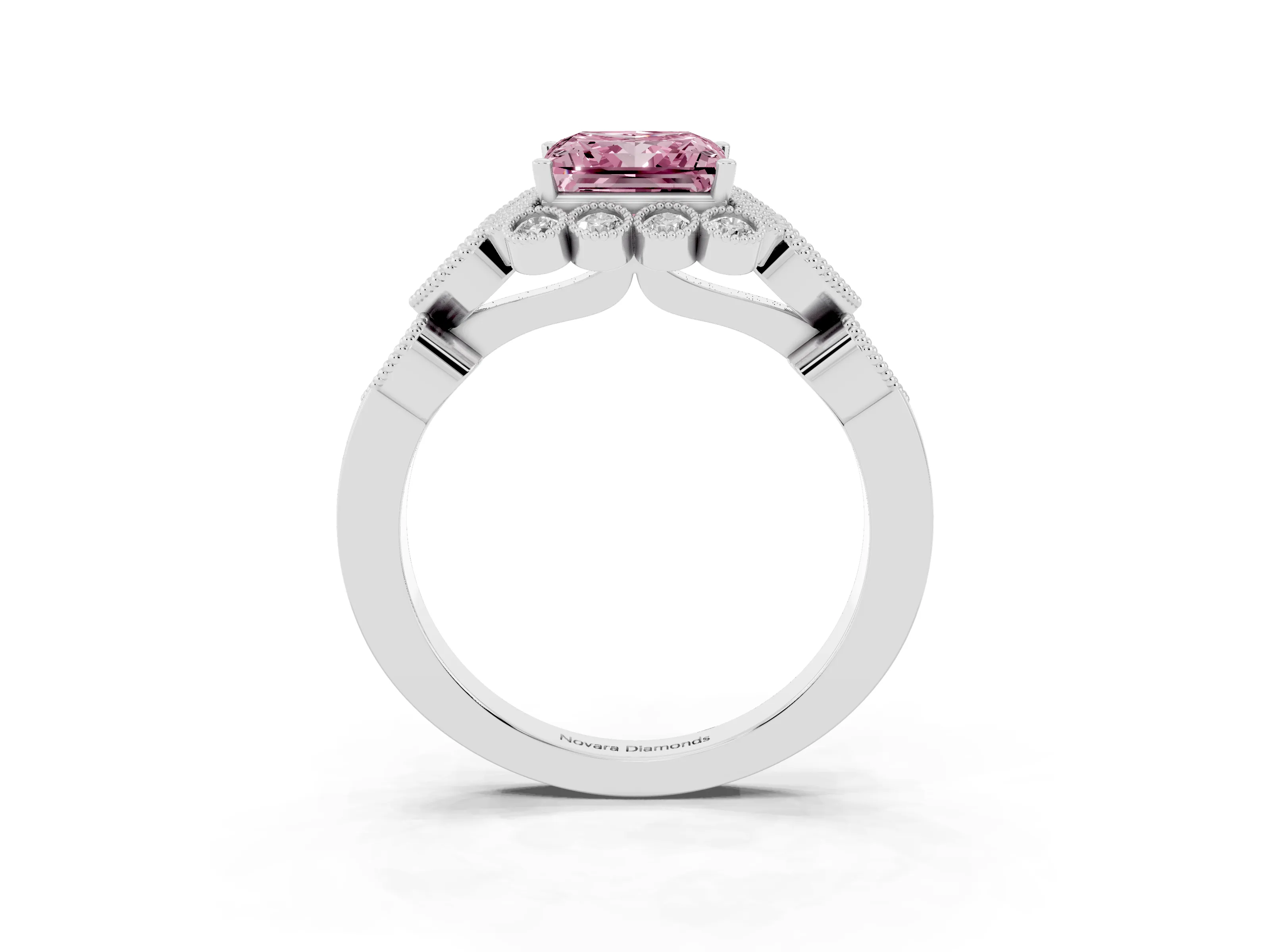 Fancy Pink Princess Cut Diamond Solitaire Ring Set in Silver with Milgrain Pavé Heart Band