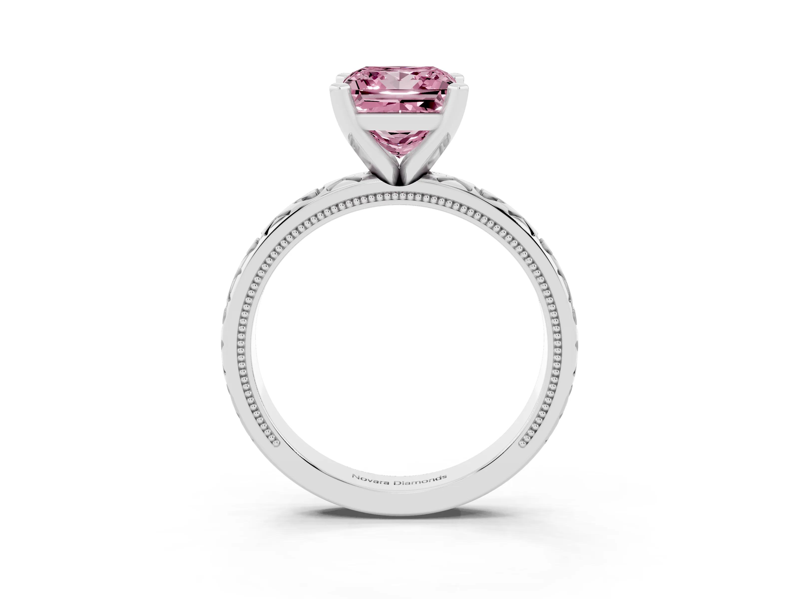 Fancy Pink Princess Cut Diamond Solitaire Engagement Ring Set in White gold with XO Engraved Band and Prong Setting