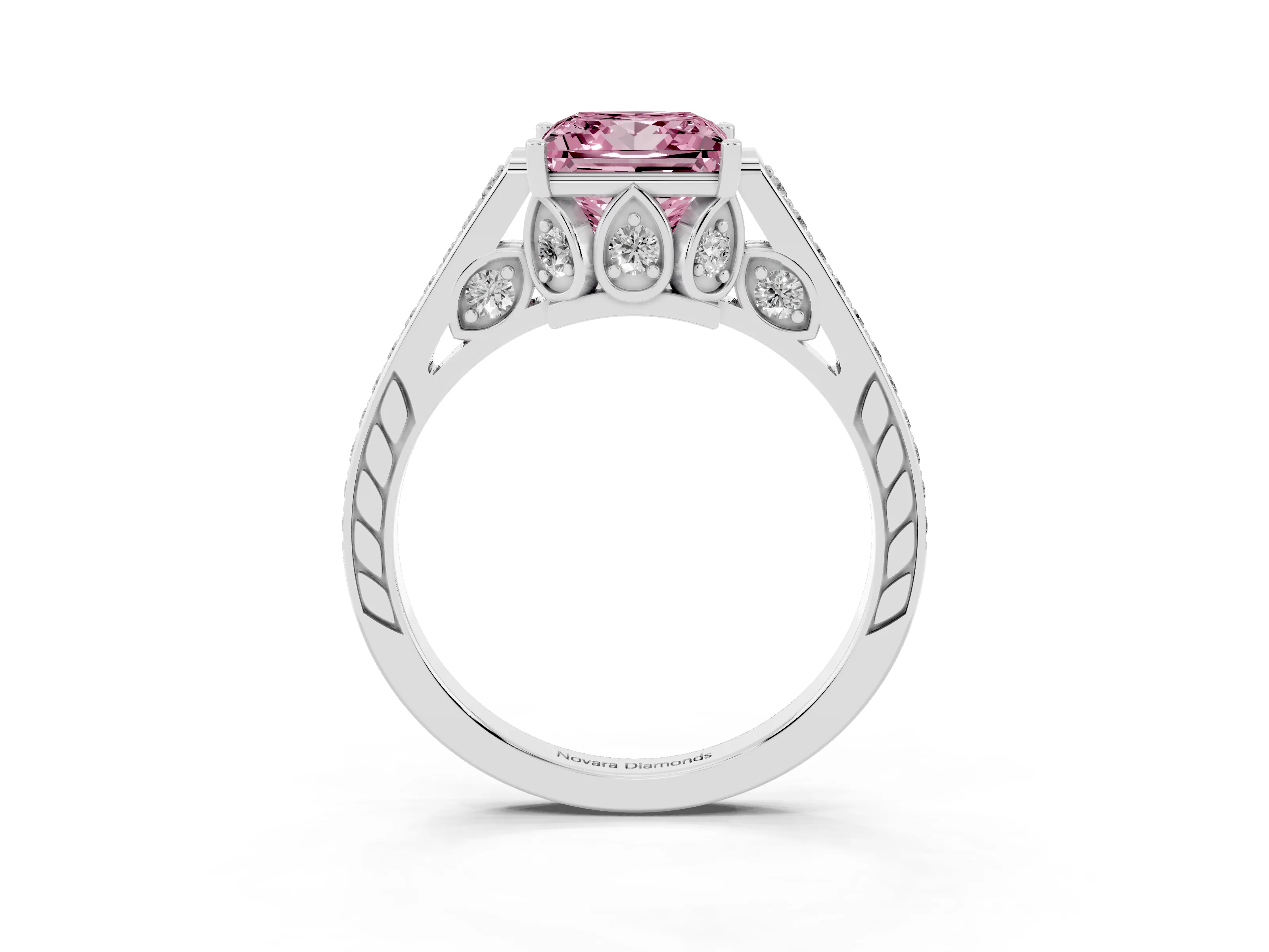 Fancy Pink Princess Cut Diamond Cathedral Pavé Engagement Ring Set in White gold with Prong Setting