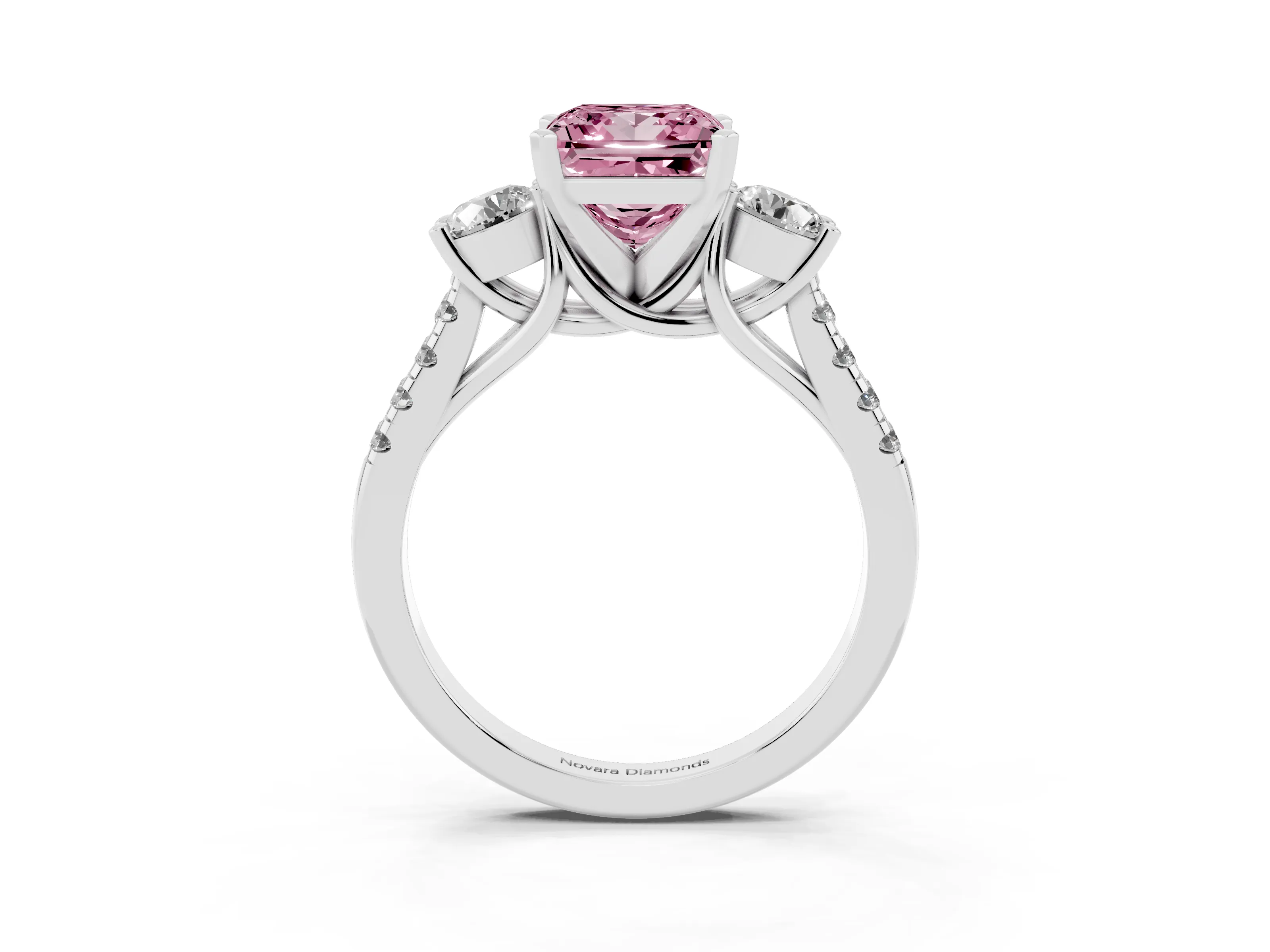 Fancy Pink Three-Stone Princess Cut Diamond Pavé Band Ring Set in Platinum with Prong-Set Trio