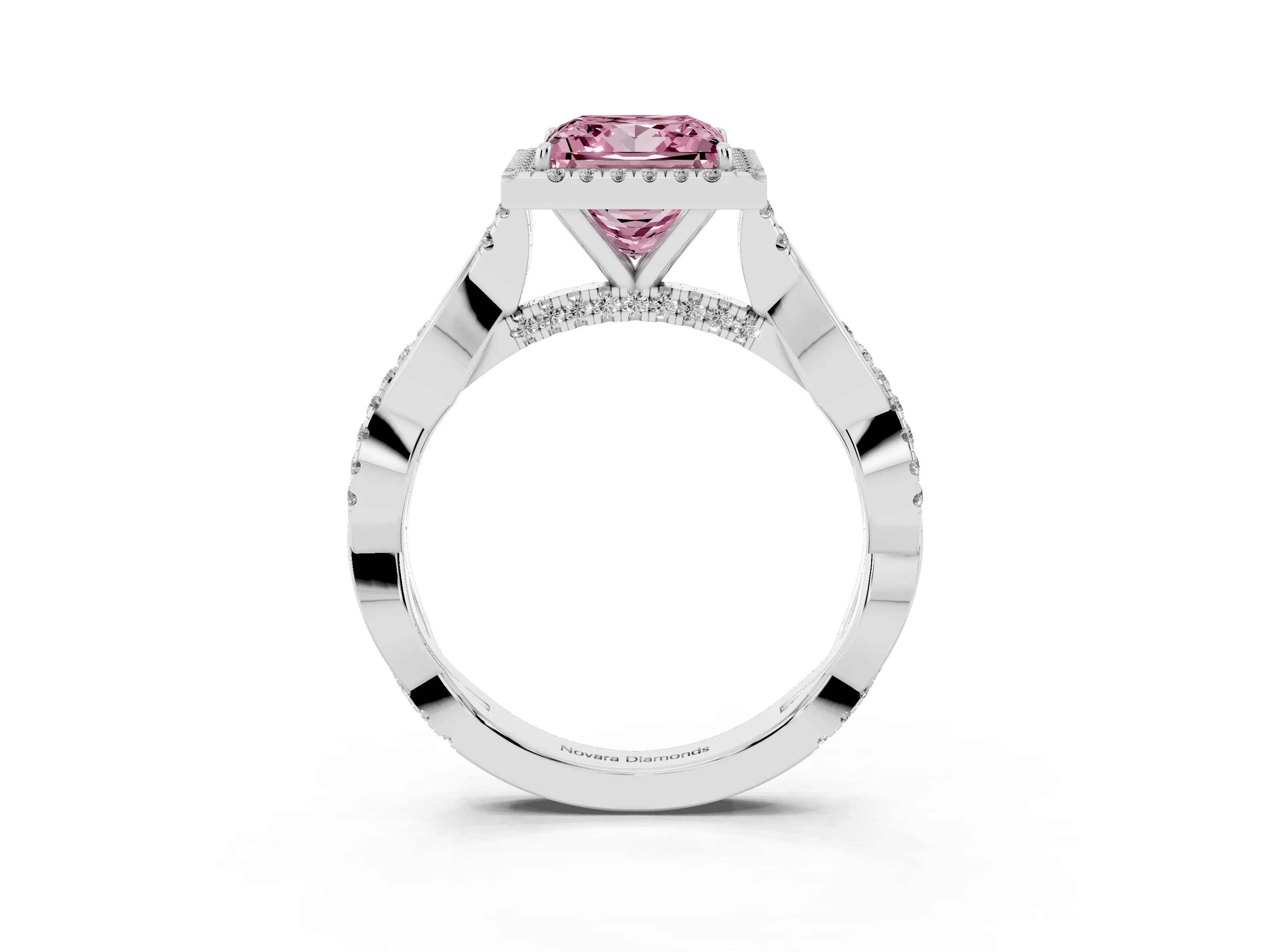 Fancy Pink Princess Cut Diamond Halo Twist Band Solitaire Ring Set in Platinum with Prong Setting