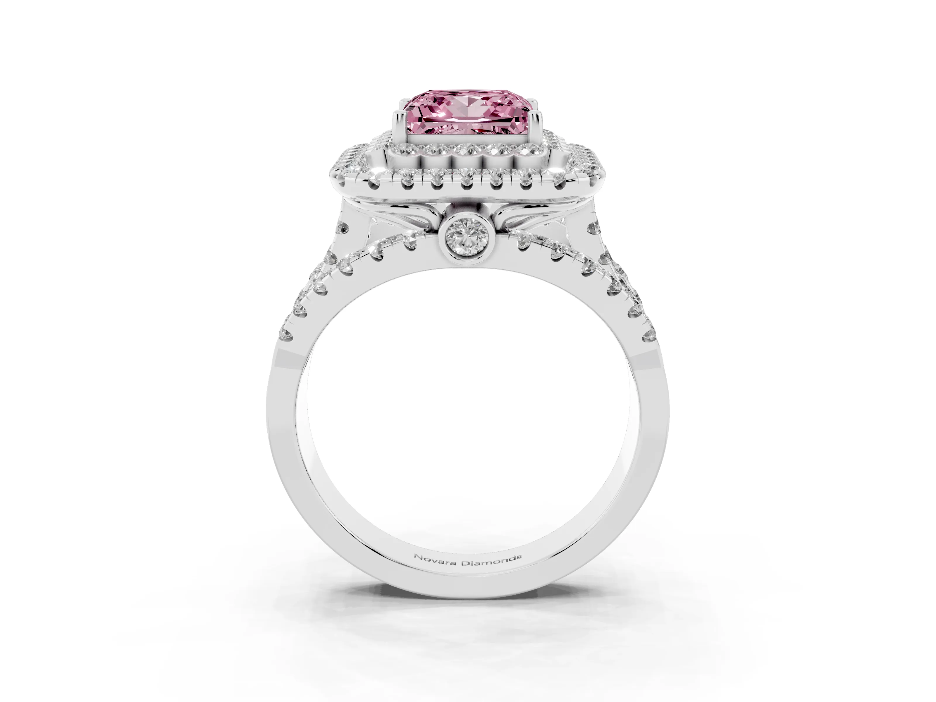 Fancy Pink Princess Cut Diamond Double Halo Ring Set in White gold with Round Pavé Split Shank