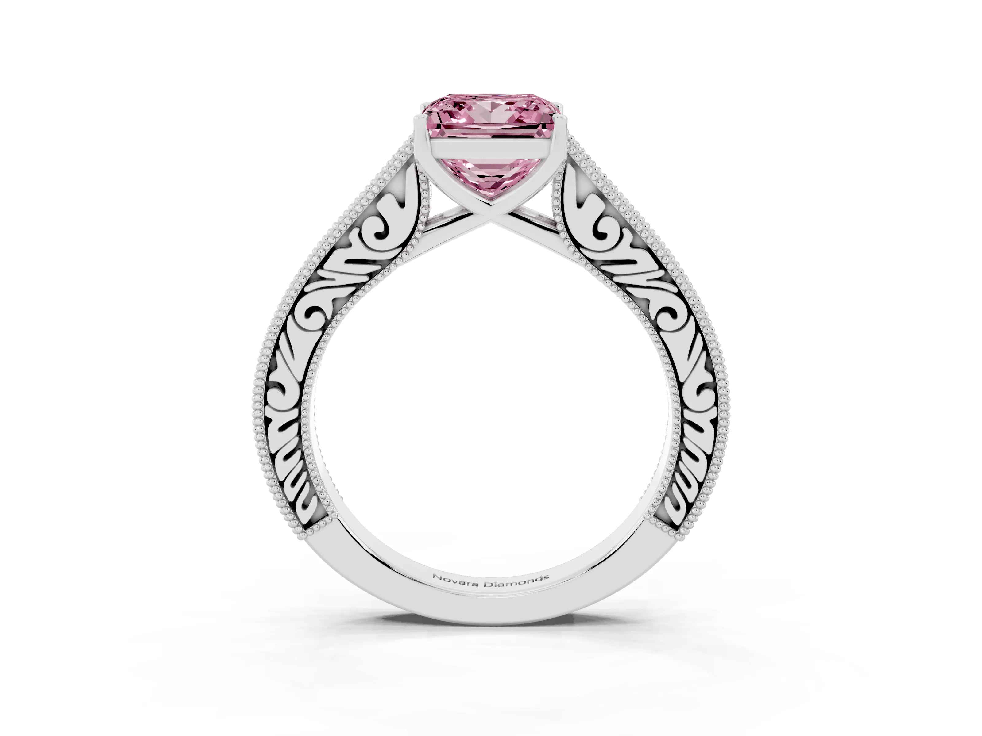 Fancy Pink Princess Cut Diamond Milgrain Pavé Band Solitaire Ring Set in Platinum with Prong Setting