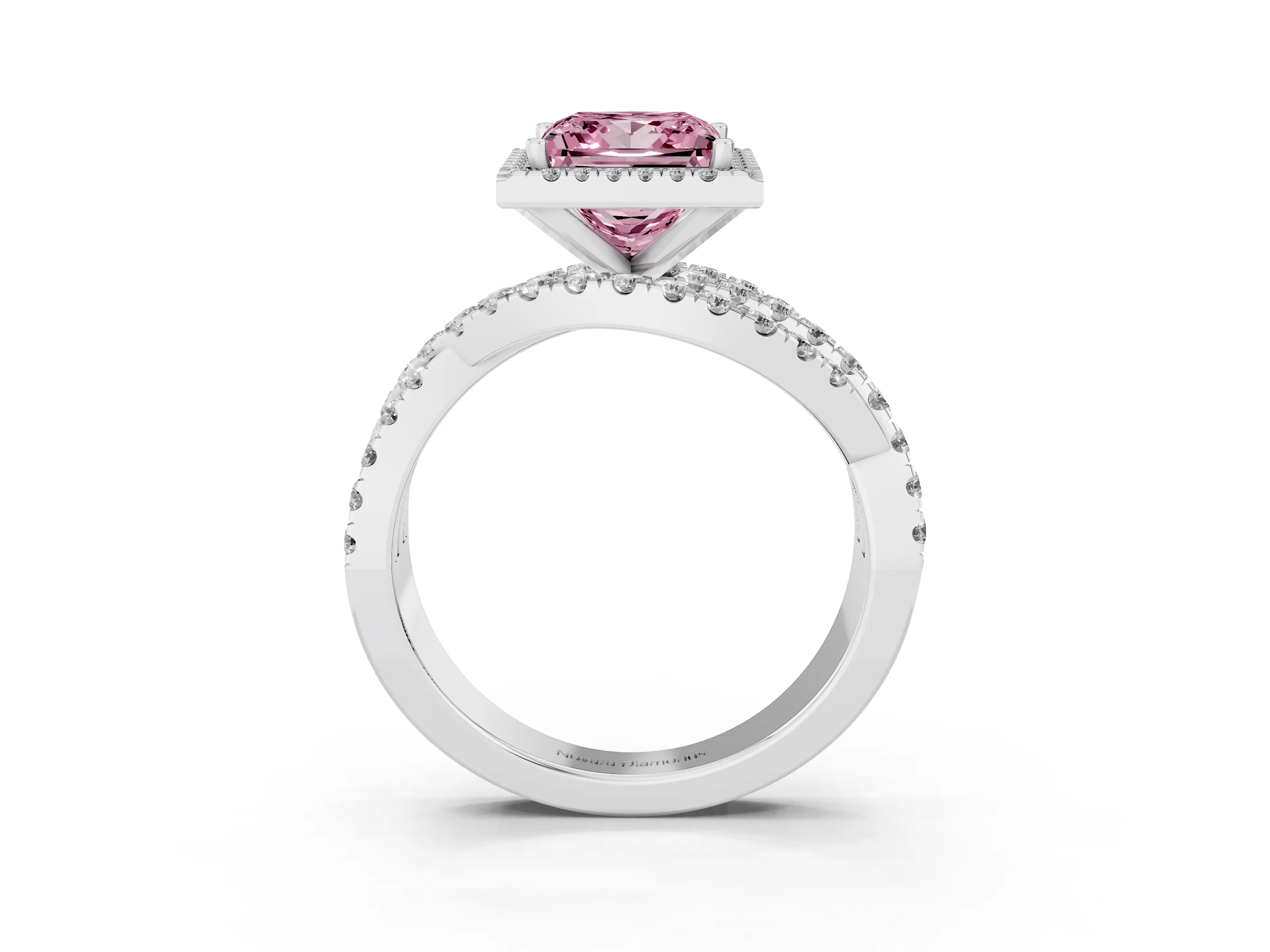 Fancy Pink Princess Cut Diamond Halo Ring Set in Silver with Round Crossover Split Shank and Prong Setting