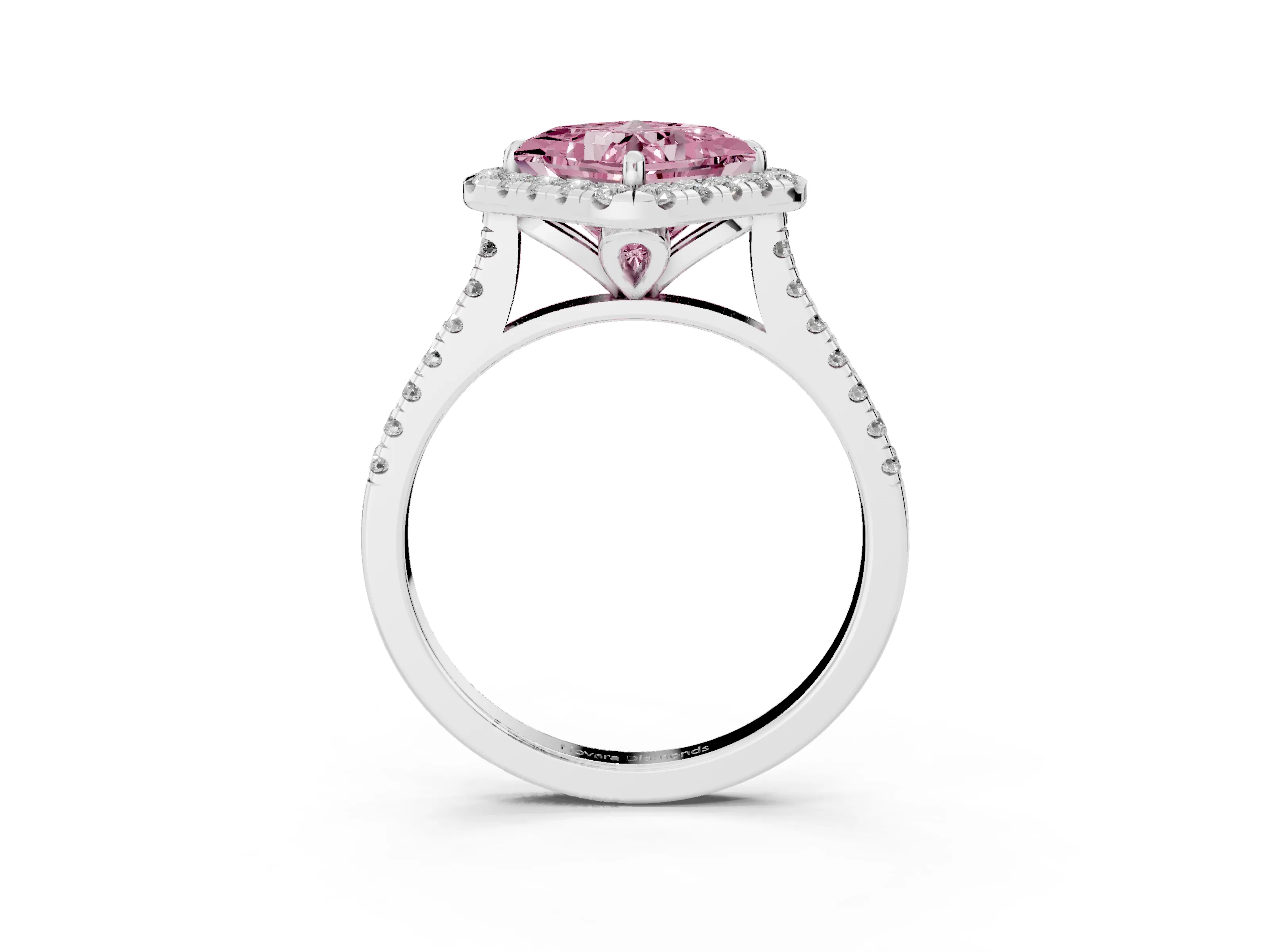 Fancy Pink Princess Cut Diamond Cushion Halo Ring Set in White gold with Pavé Band