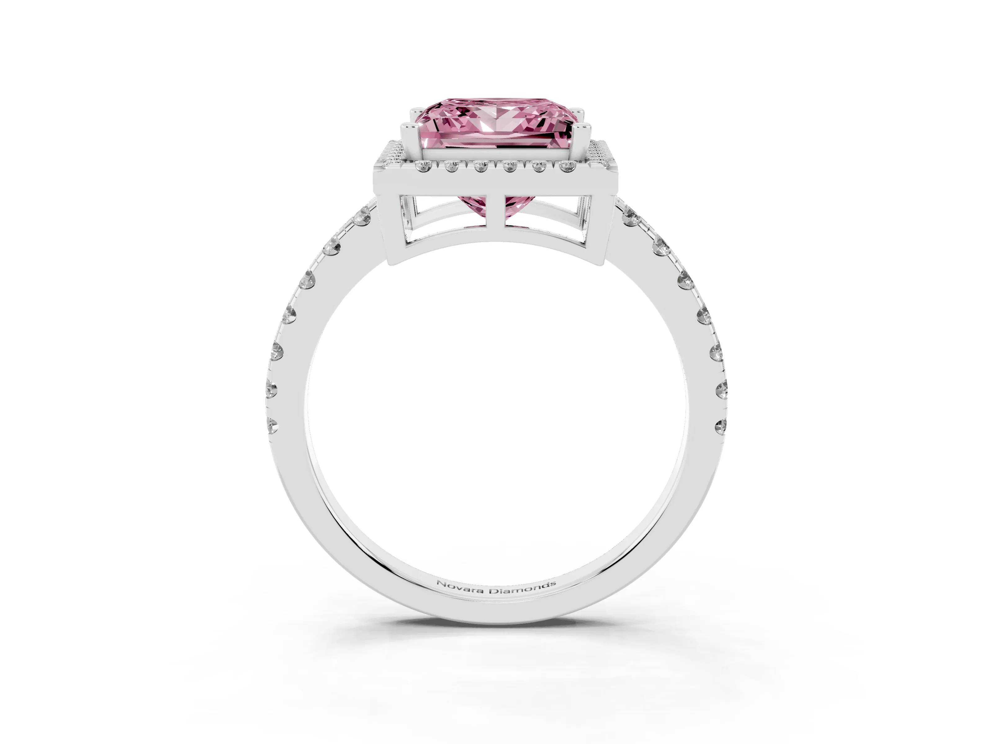 Fancy Pink Princess Cut Diamond Halo Ring Set in White gold with Delicate Pavé Band and Prong Setting