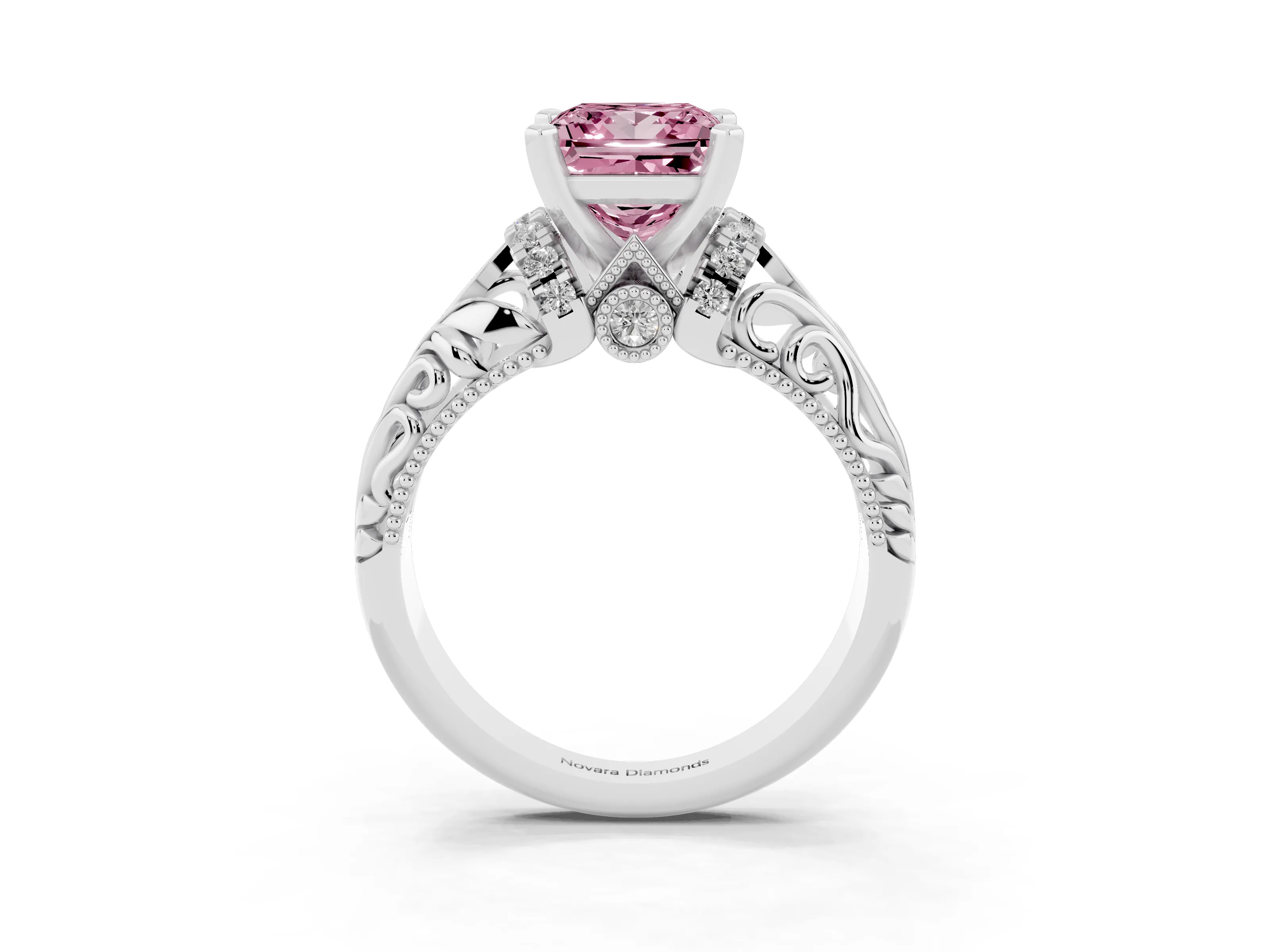 Fancy Pink Princess Cut Diamond Filigree Halo Engagement Ring Set in White gold with Prong Setting
