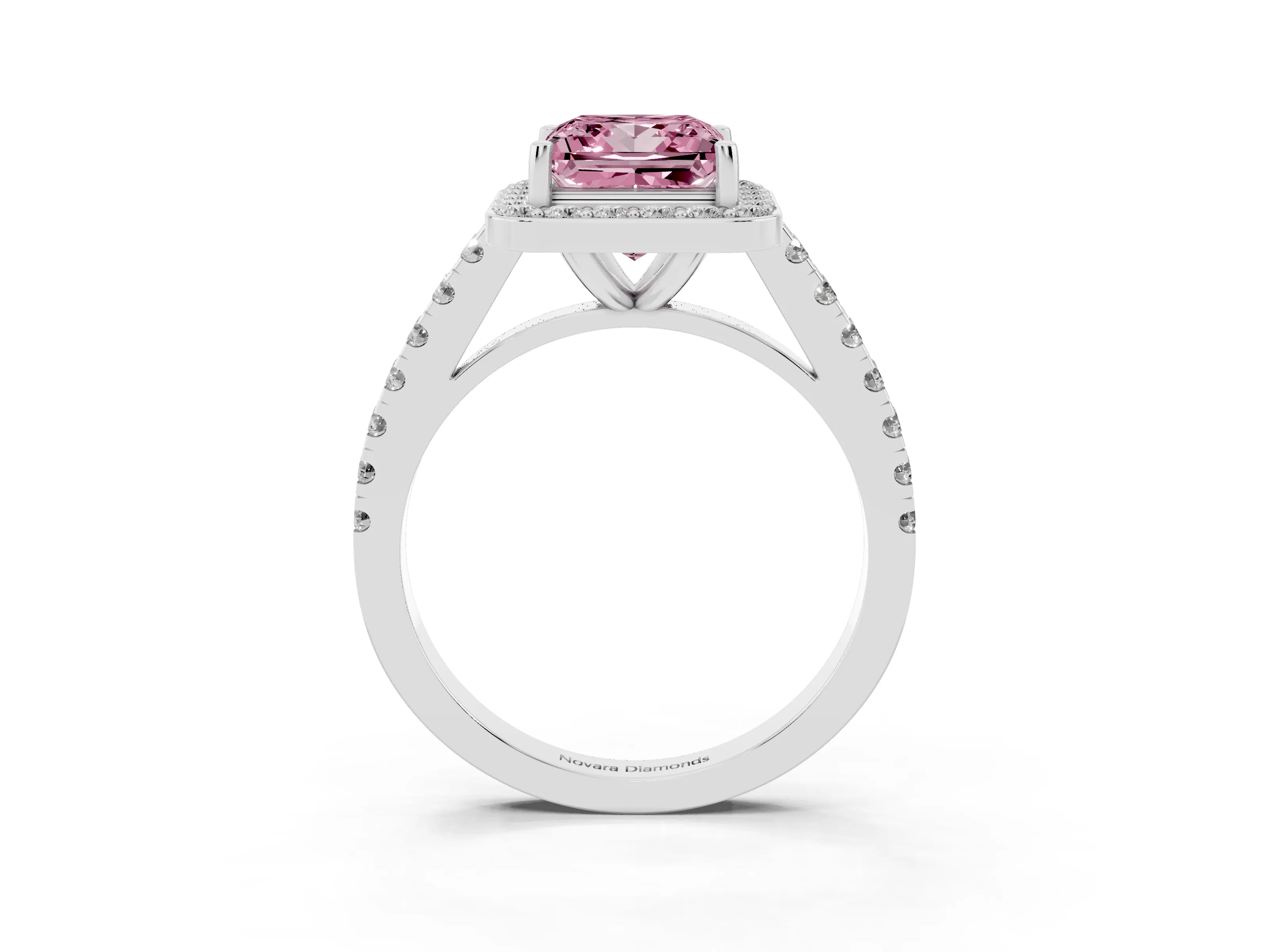 Fancy Pink Princess Cut Diamond Halo Ring Set in White gold with Round Pavé Split Shank and Prong Setting