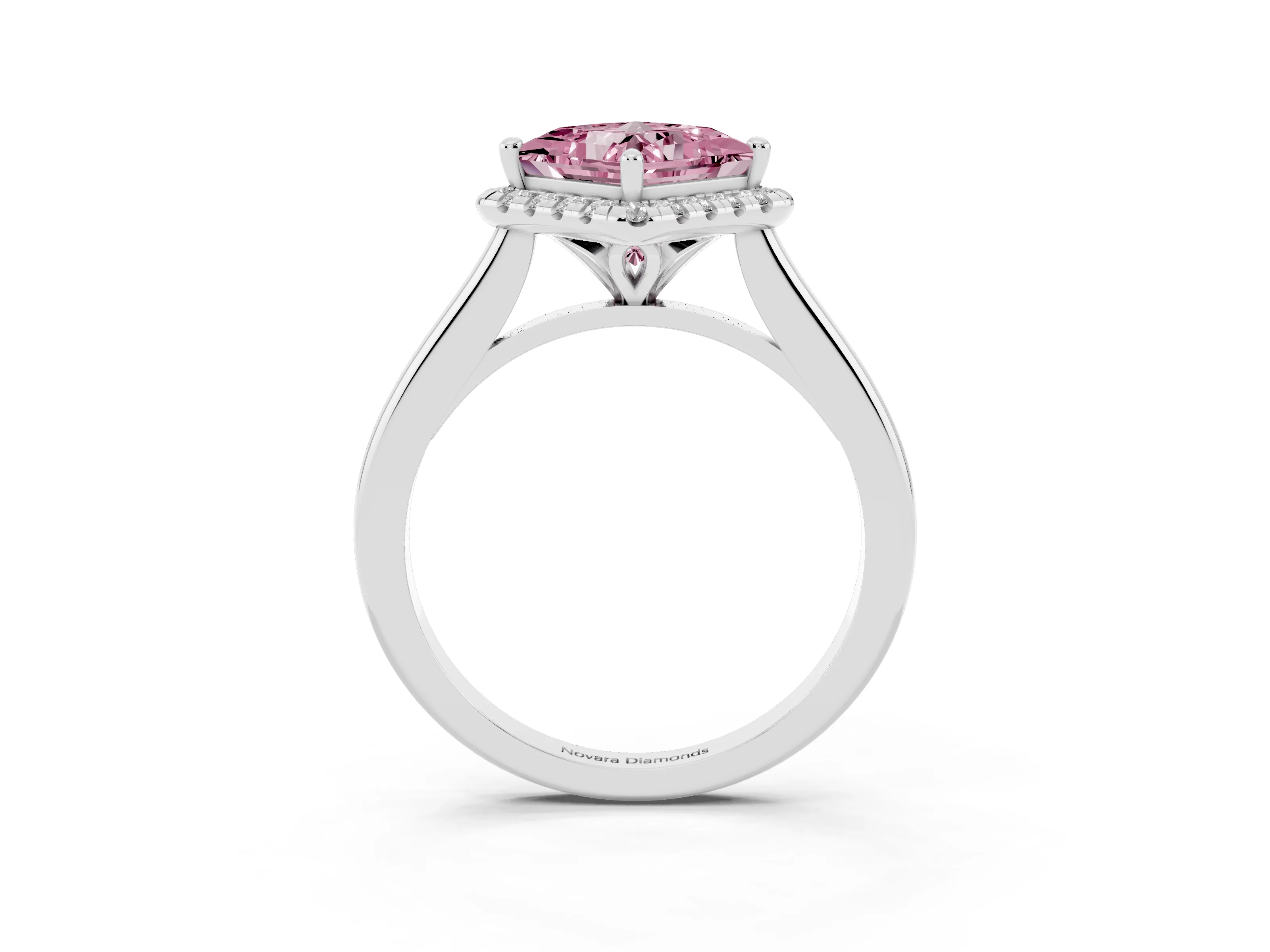 Fancy Pink Princess Cut Diamond Halo Engagement Ring Set in Platinum with Pavé Band and Rising Shoulders