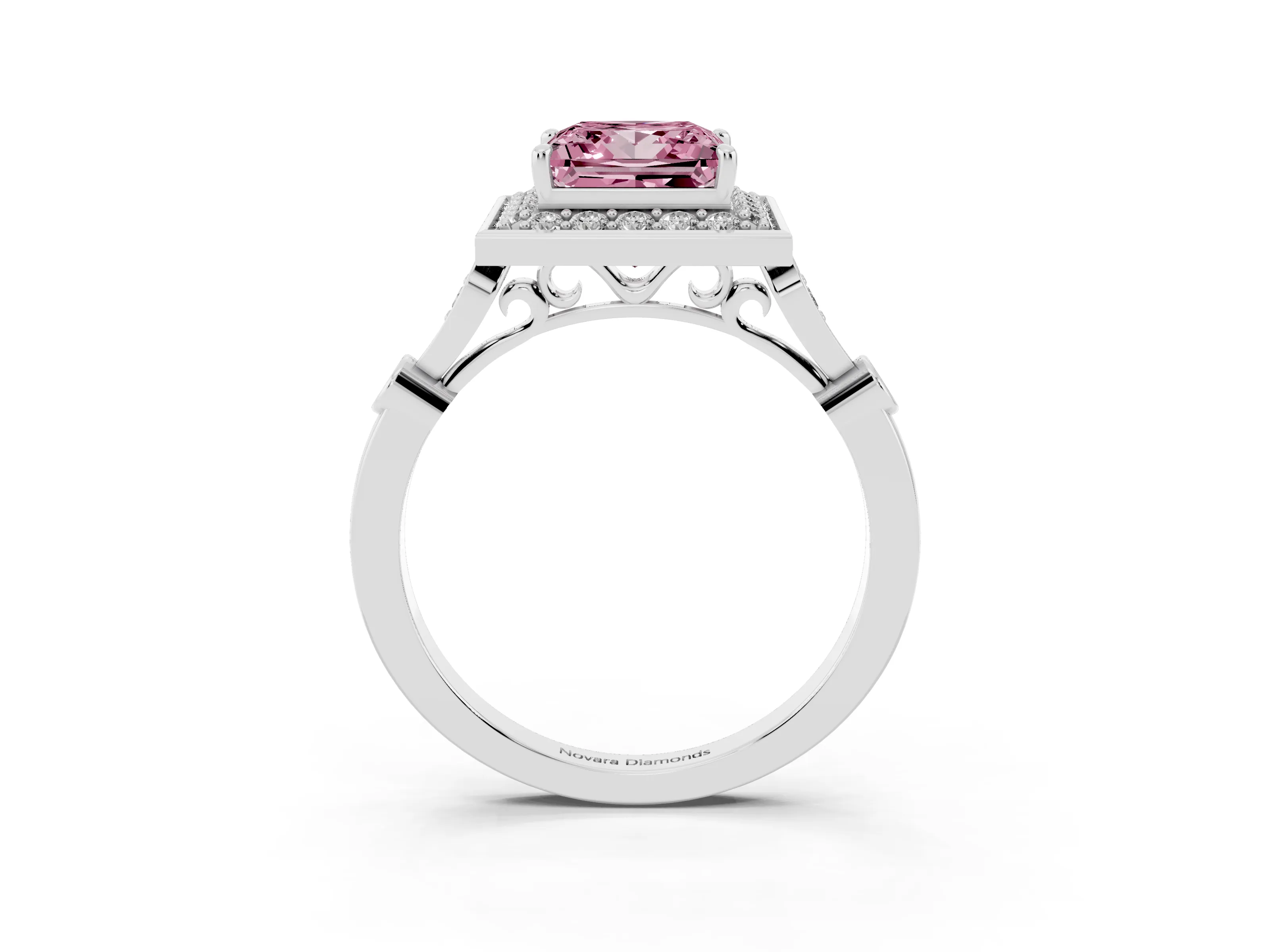 Fancy Pink Princess Cut Diamond Halo Engagement Ring Set in Platinum with Twisted Band and Prong Setting