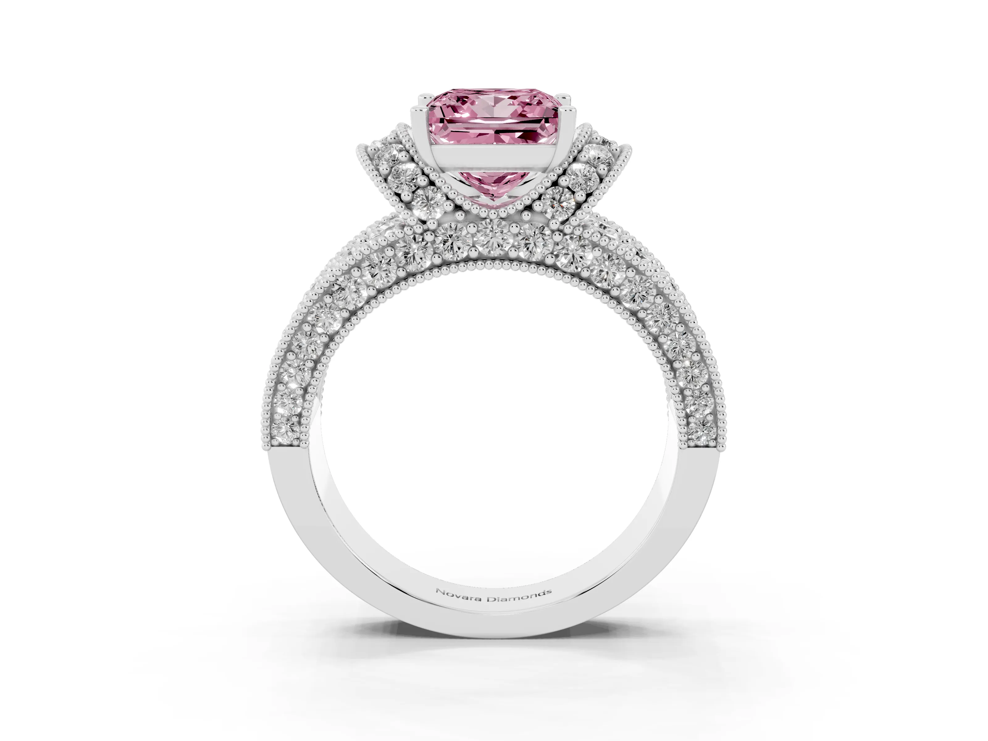 Fancy Pink Princess Cut Diamond Milgrain Halo Pavé Engagement Ring Set in White gold with Prong Setting
