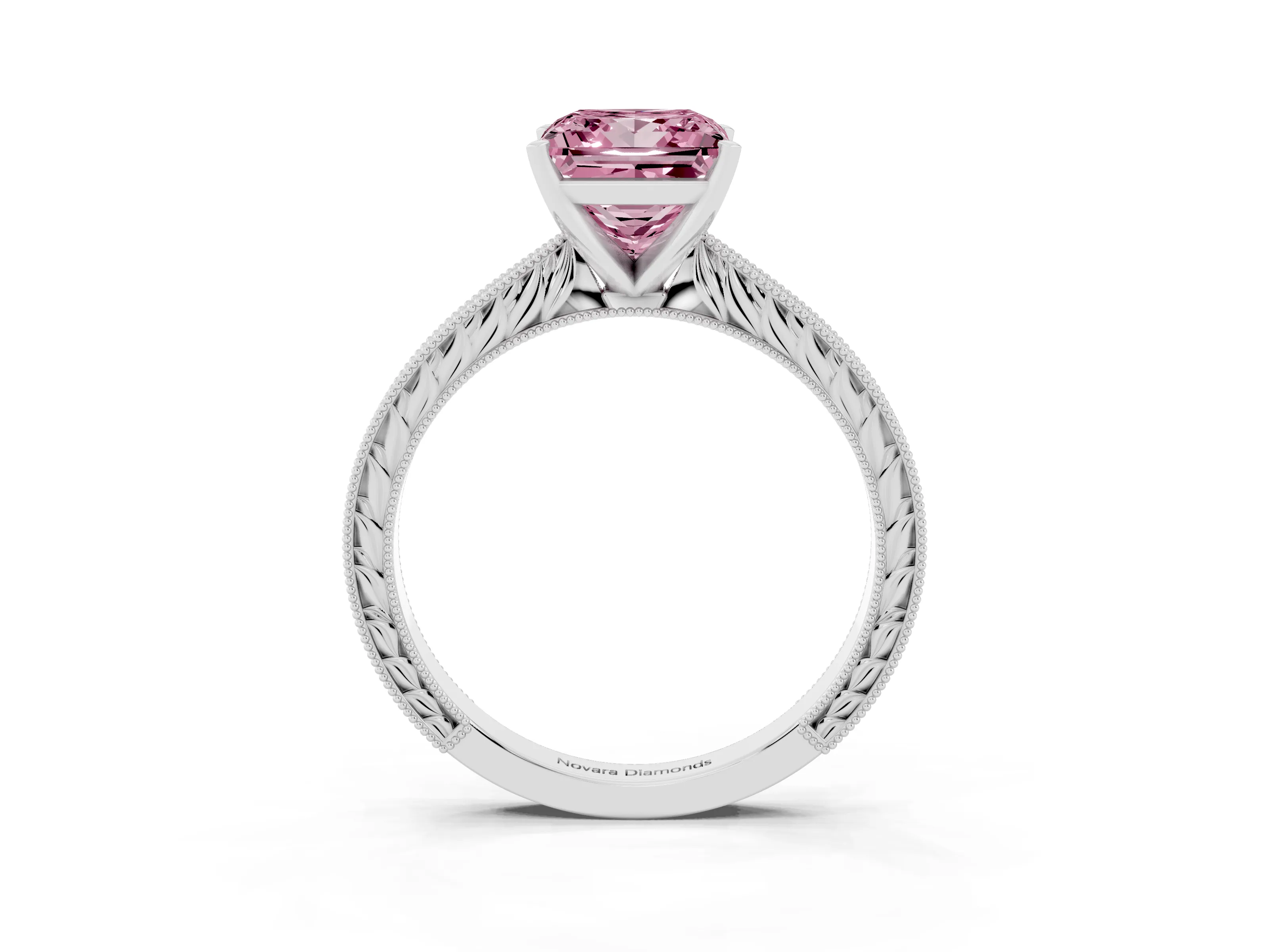 Fancy Pink Princess Cut Diamond Solitaire Milgrain Engraved Band Set in Platinum with Prong Setting