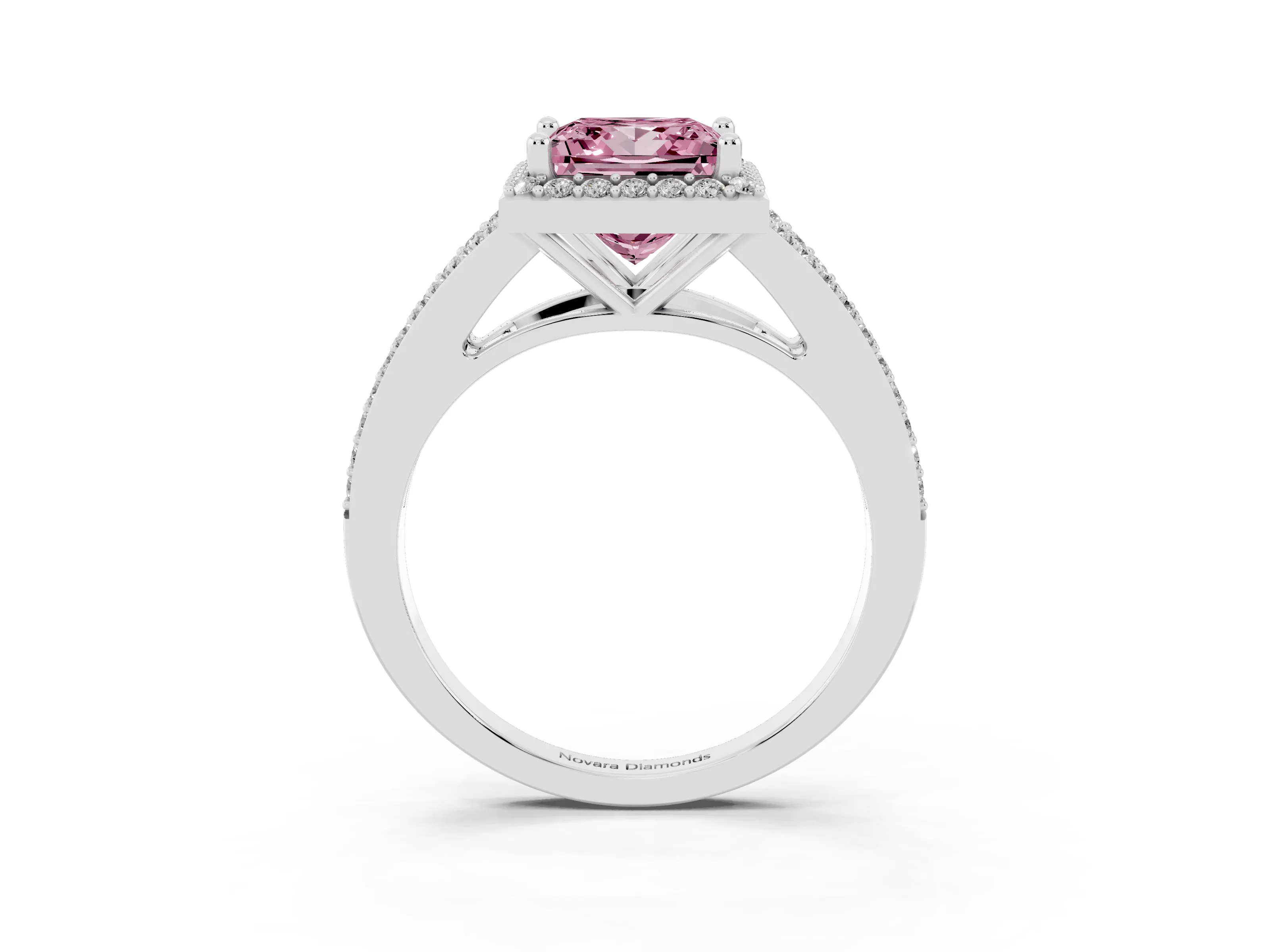 Fancy Pink Princess Cut Diamond Halo Split Shank Pavé Ring Set in Silver with Prong Setting