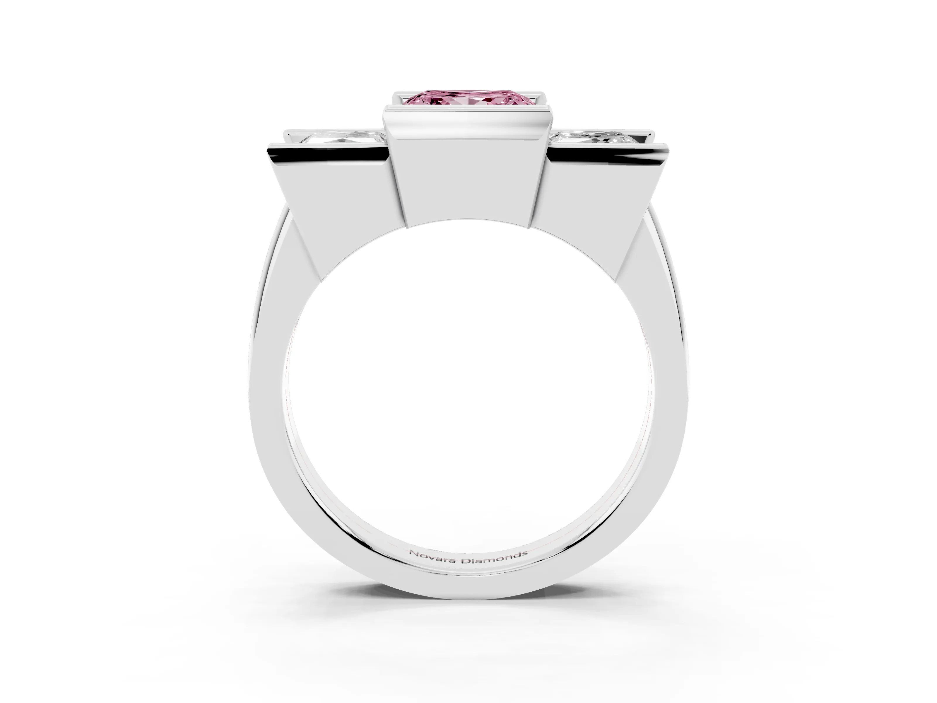 Fancy Pink Princess Cut Diamond Three-Stone Channel Set Ring Set in Platinum with Smooth Polished Band