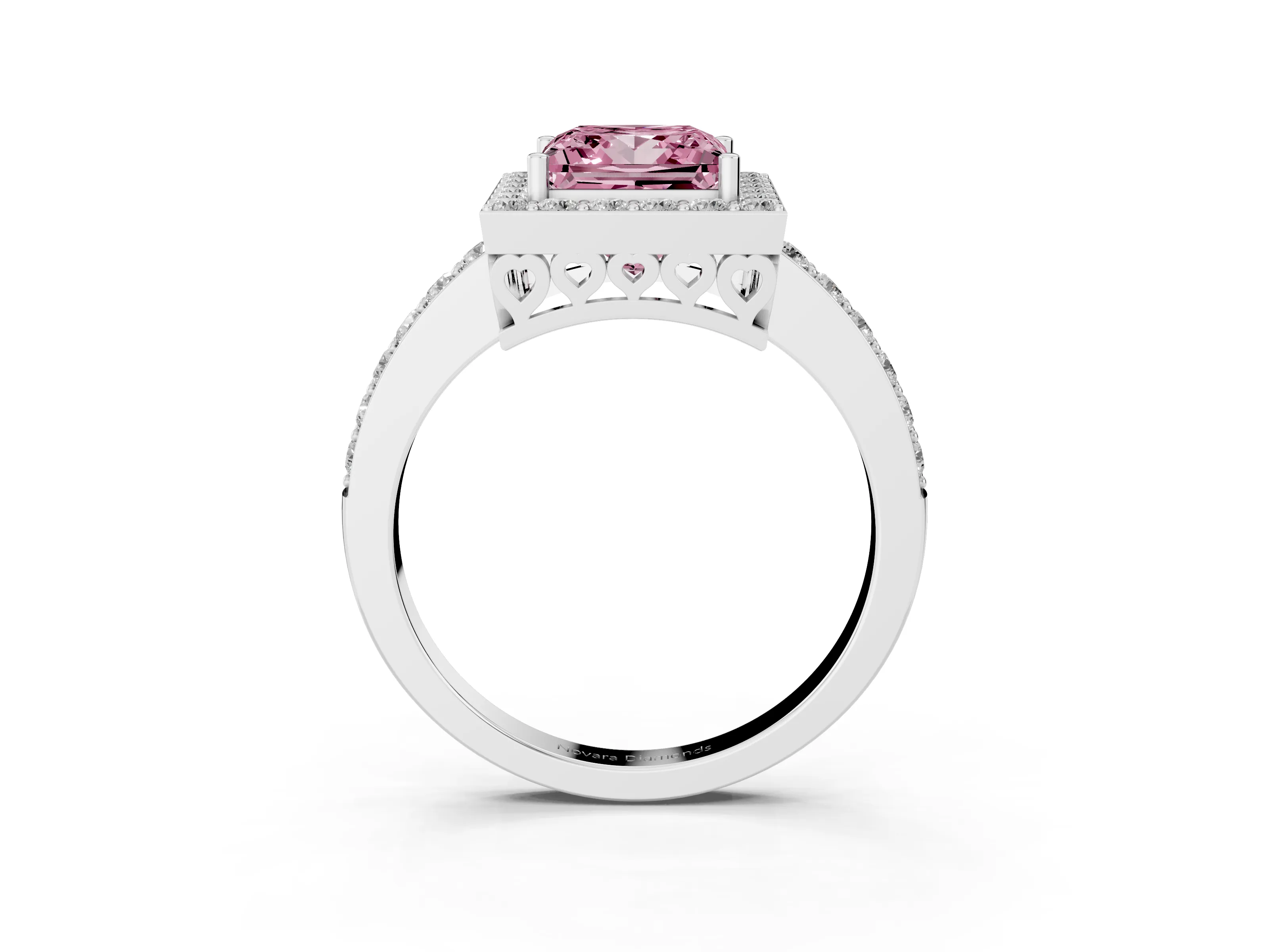 Fancy Pink Princess Cut Diamond Halo Ring Set in White gold with Pavé-Setting Band and Open Prong Center