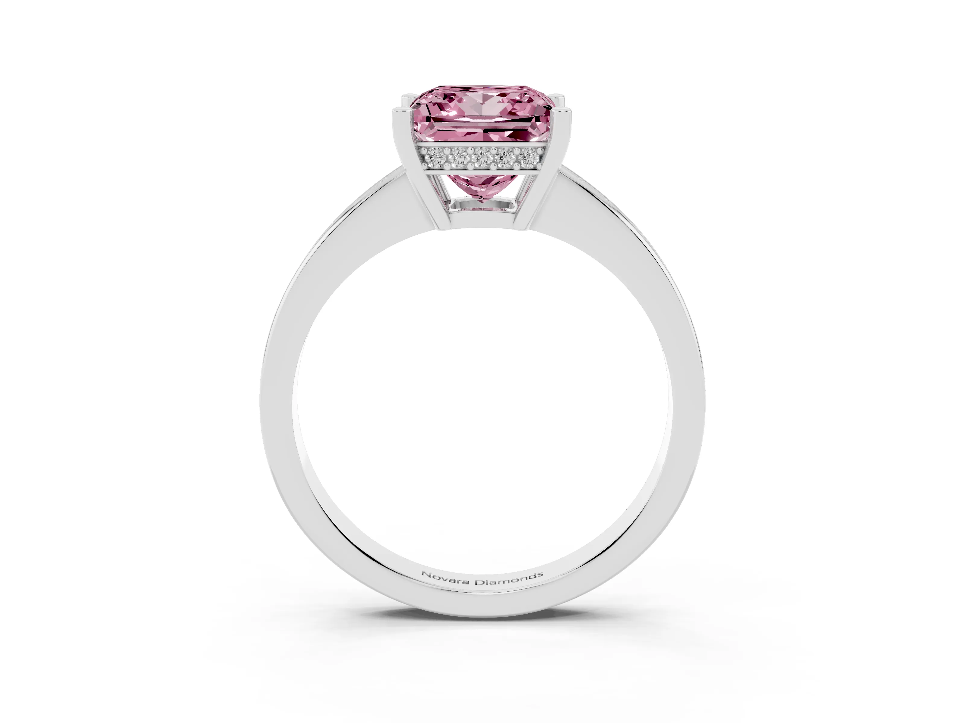 Fancy Pink Princess Cut Diamond Pavé Band Prong Set Solitaire Ring Set in Silver