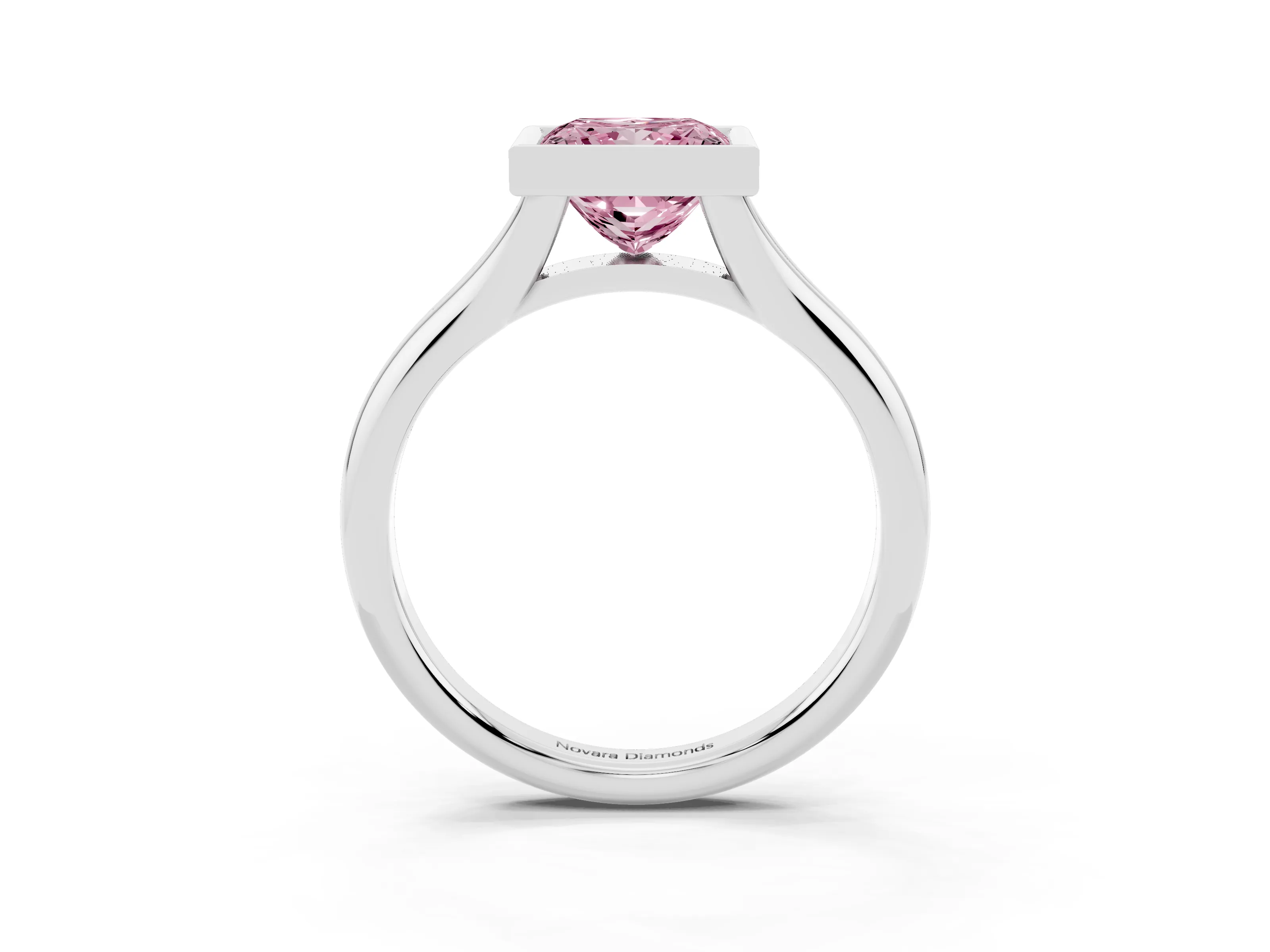 Fancy Pink Bezel Set Princess Cut Diamond Solitaire Ring Set in White gold with Smooth Band